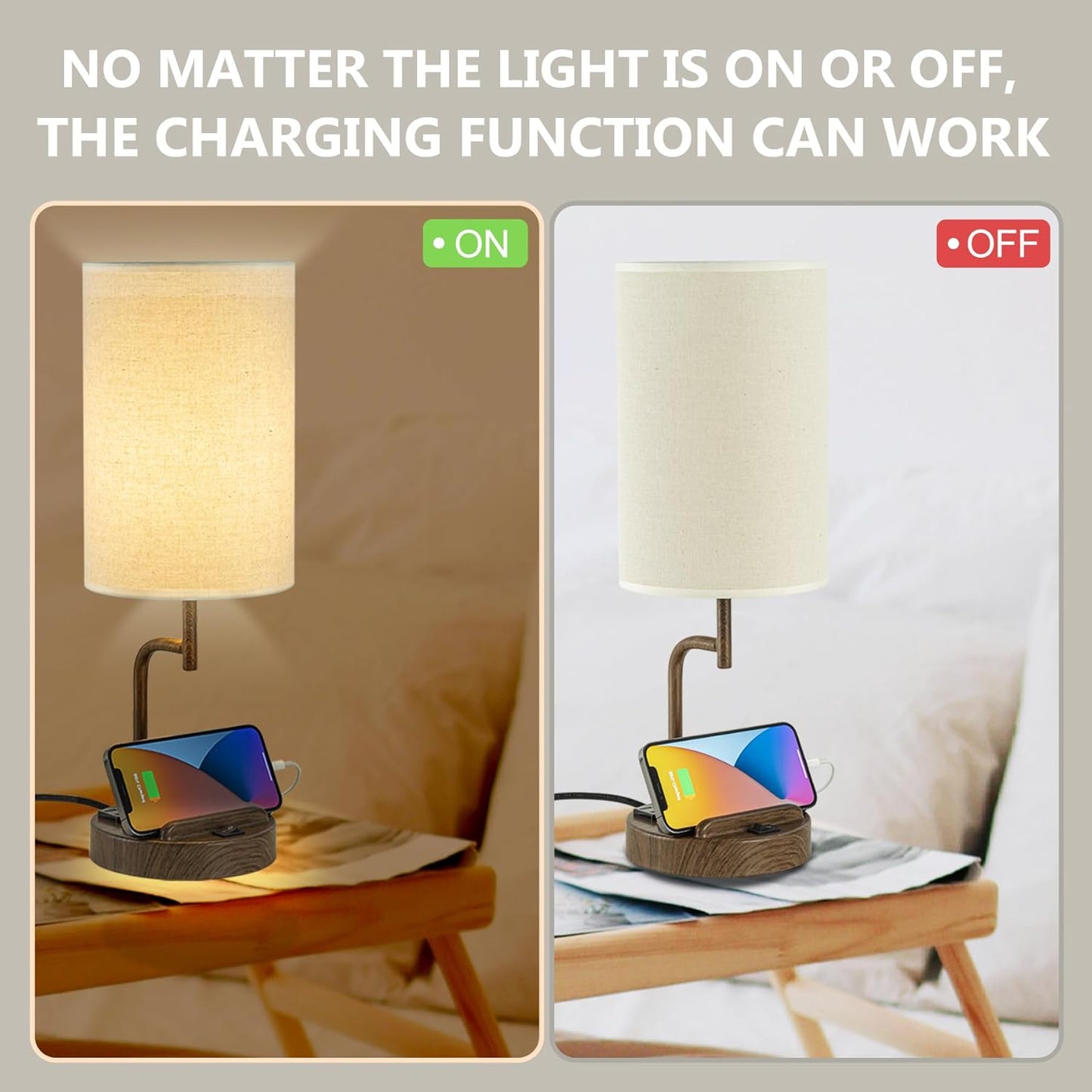 Modern Table Lamp with 3 USB Ports & AC Outlet - Set of 2 Bedside Desk Lamps in Silver