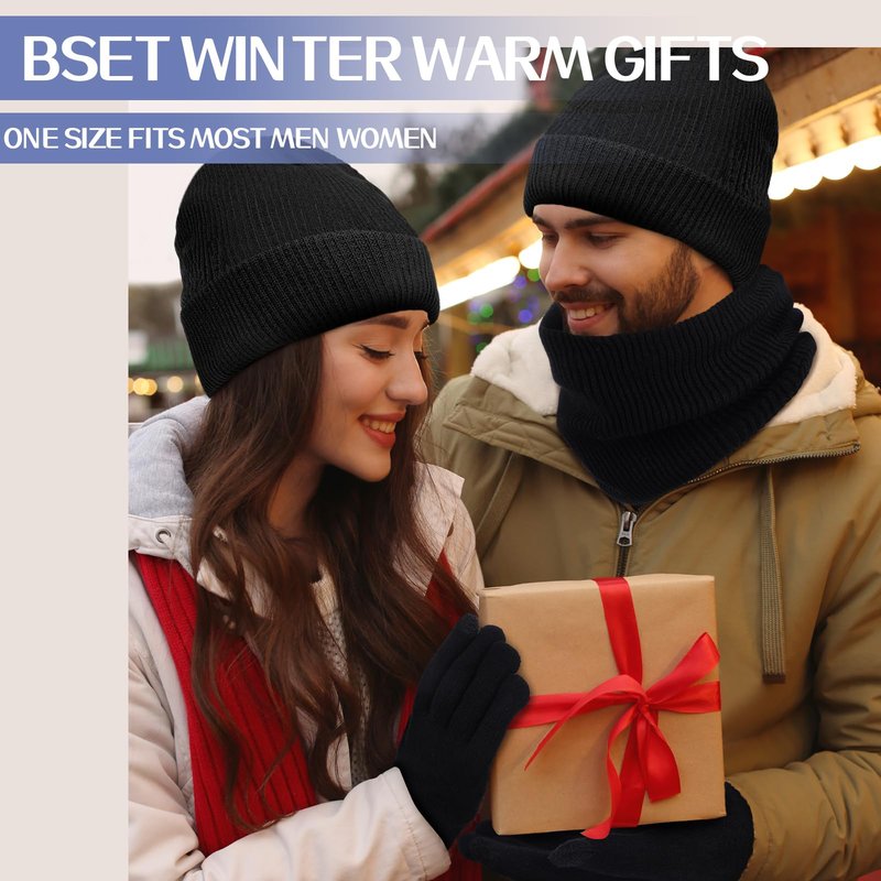 Silicherry 3 Pcs Waterproof Beanie Hat Circle Scarf Touchscreen Gloves Set for Men Women Fleece Thermal Winter Hat Waterproof Windproof Cuff Beanie Gloves Neck Warmer for Ski Walking Running Black