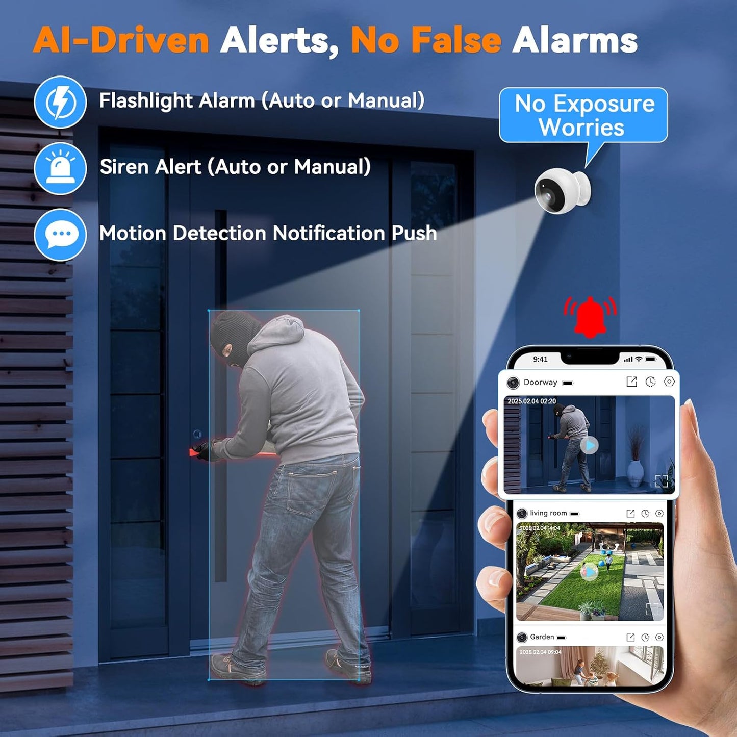 Wireless 2K HD Magnetic Security Camera - AI Motion Detection, 2-Way Audio, Night Vision