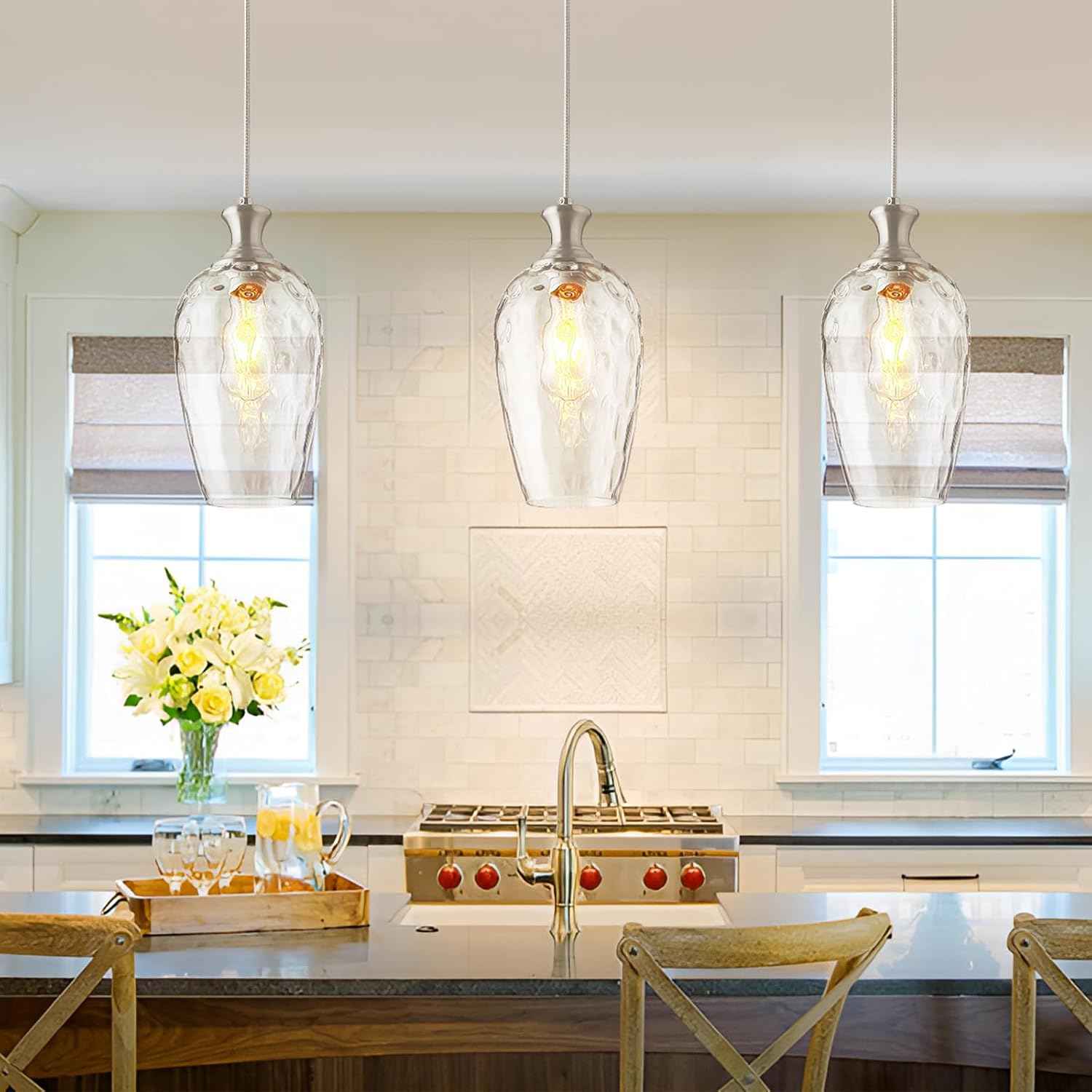 Brushed Nickel Glass Pendant Light Fixture - Modern 1-Light Hanging Lamp for Kitchen Island & Dining Room