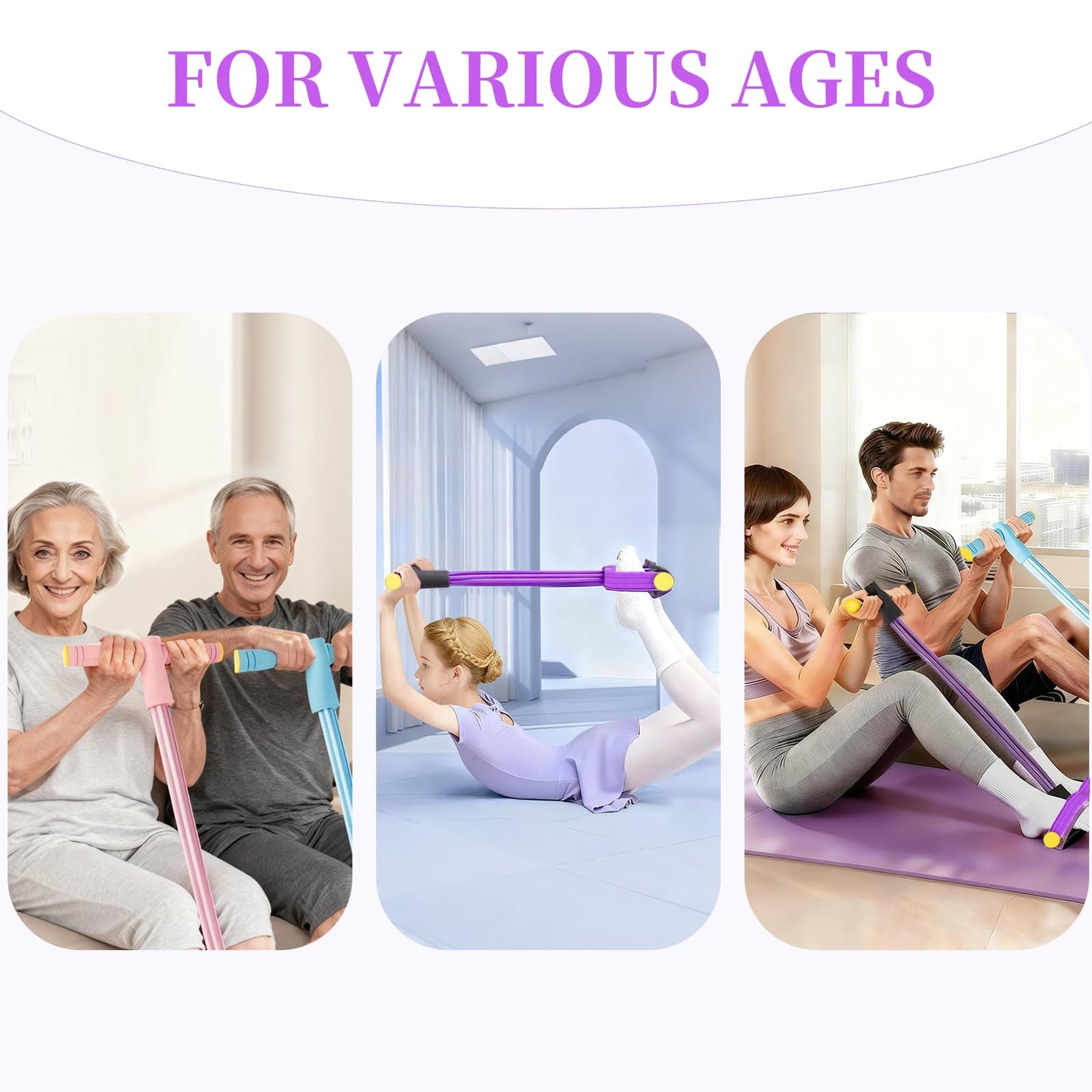 Pedal Resistance Bands with Handles, Upgrade 6-Tubes Elastic Bands for Exercise, Natural Rubber Foot Pedal Resistance Bands, Multifunction Fitness Bands for Abdomen, Waist, Arm, Leg, Pilates (Purple)