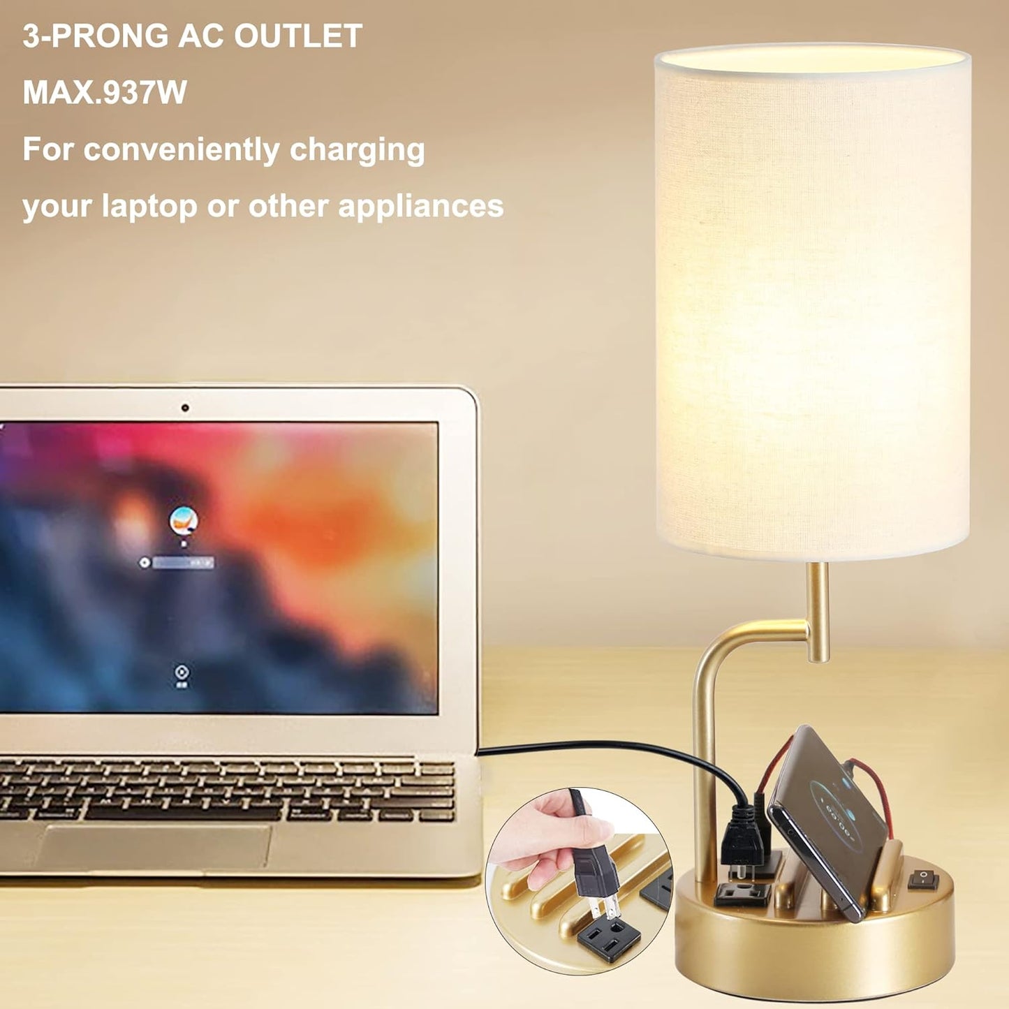 Modern Table Lamp with 3 USB Ports & AC Outlet - Set of 2 Bedside Desk Lamps in Silver