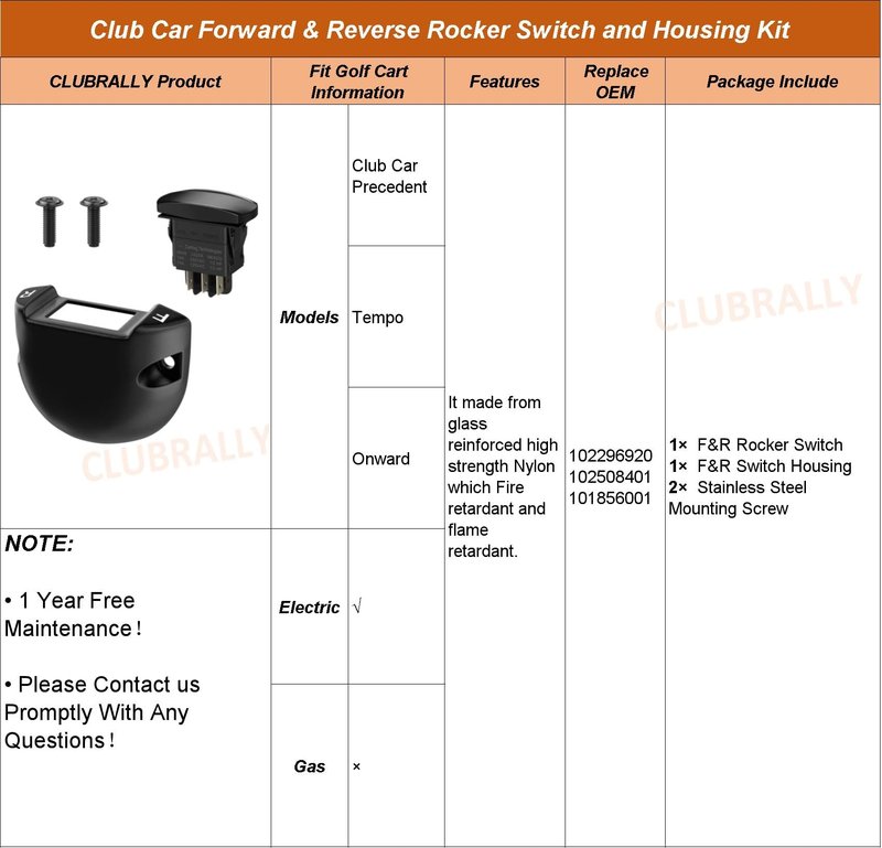 CLUBRALLY Golf Cart Forward Reverse Rocker Switch and Housing Kit, Fit for Electric Club Car Precedent, Tempo, Onward, OEM#101856002, 102508401