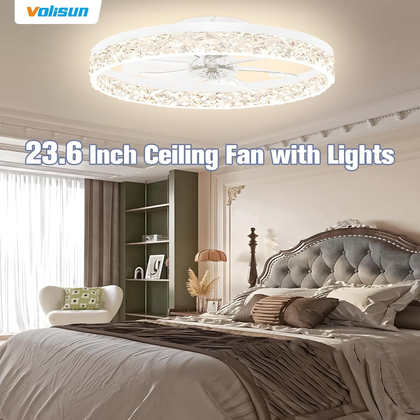 Modern Bladeless Ceiling Fan with Light & Remote - 15.7in Low Profile Fandelier, Dimmable 3000K-6500K for Bedroom