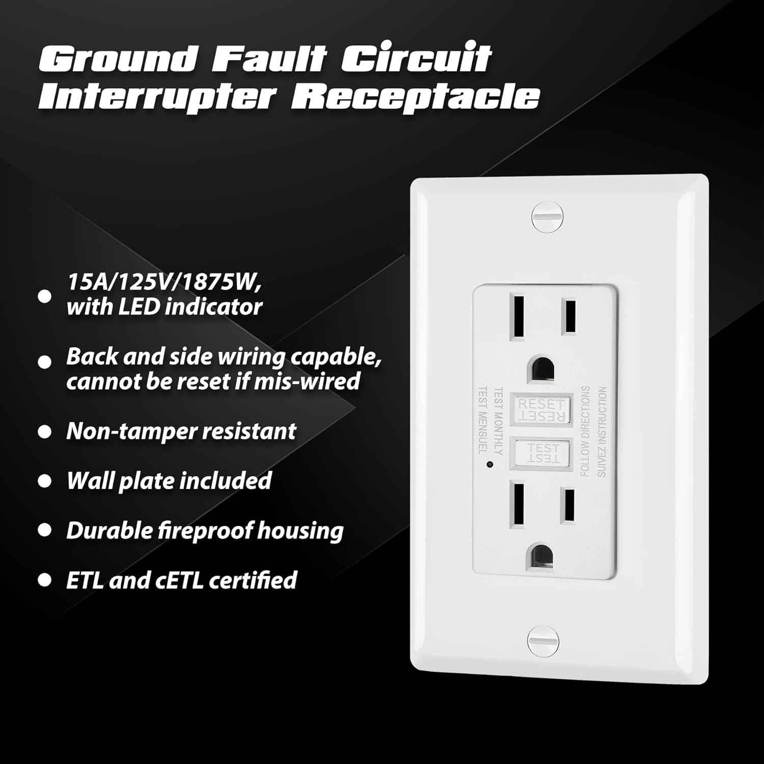GFCI Outlets 10 Pack - 15 Amp Decor Receptacles with LED Indicator & Wallplate
