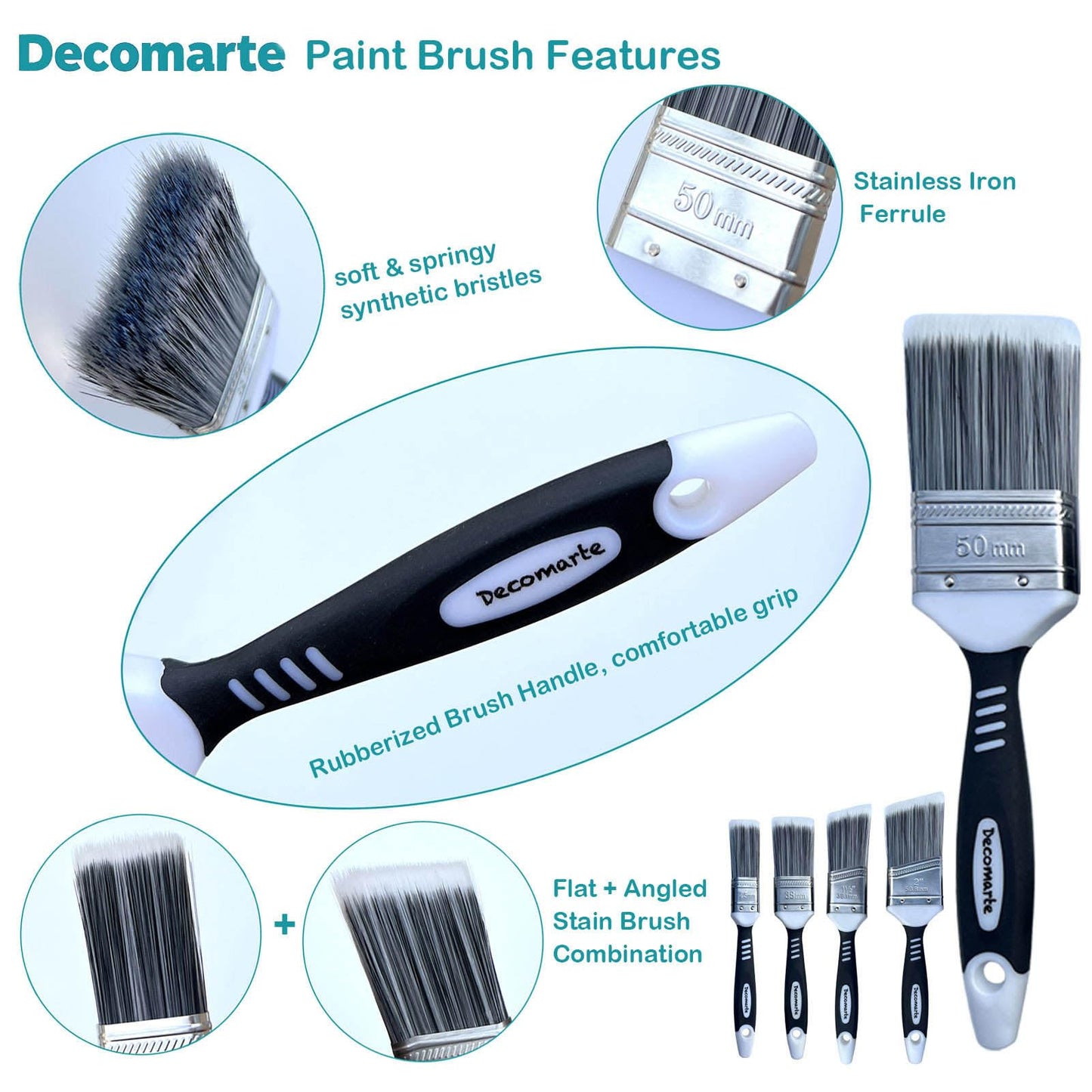 Decomarte Paint Brush Set for Painting Cabinets, Small Fence Wall Stain Brushes Assortment, Smooth Synthetic Short Bristle Paintbrushes with Soft Grips – Double Thick Chip Brush Variety- Pack of 5