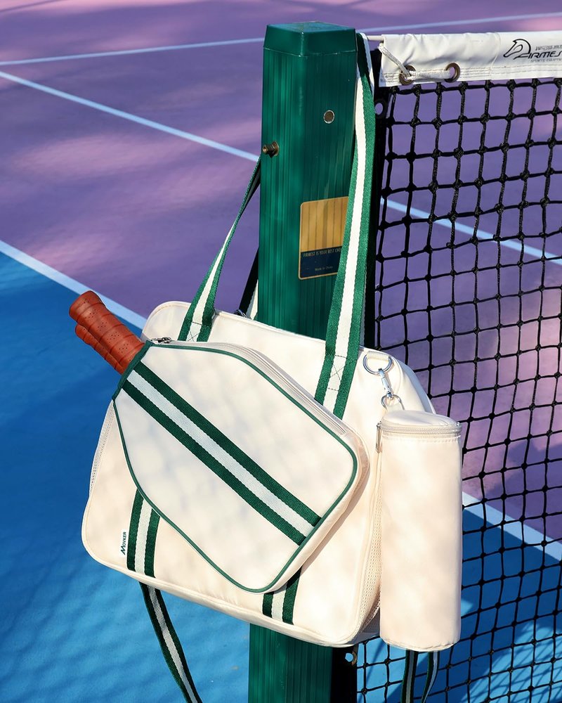 Movker Pickleball Bag for Women 2-in-1 Tote & Crossbody with Fence Hook Holds 2 Paddles & Detachable Ball Bag Court to Street(Beige)