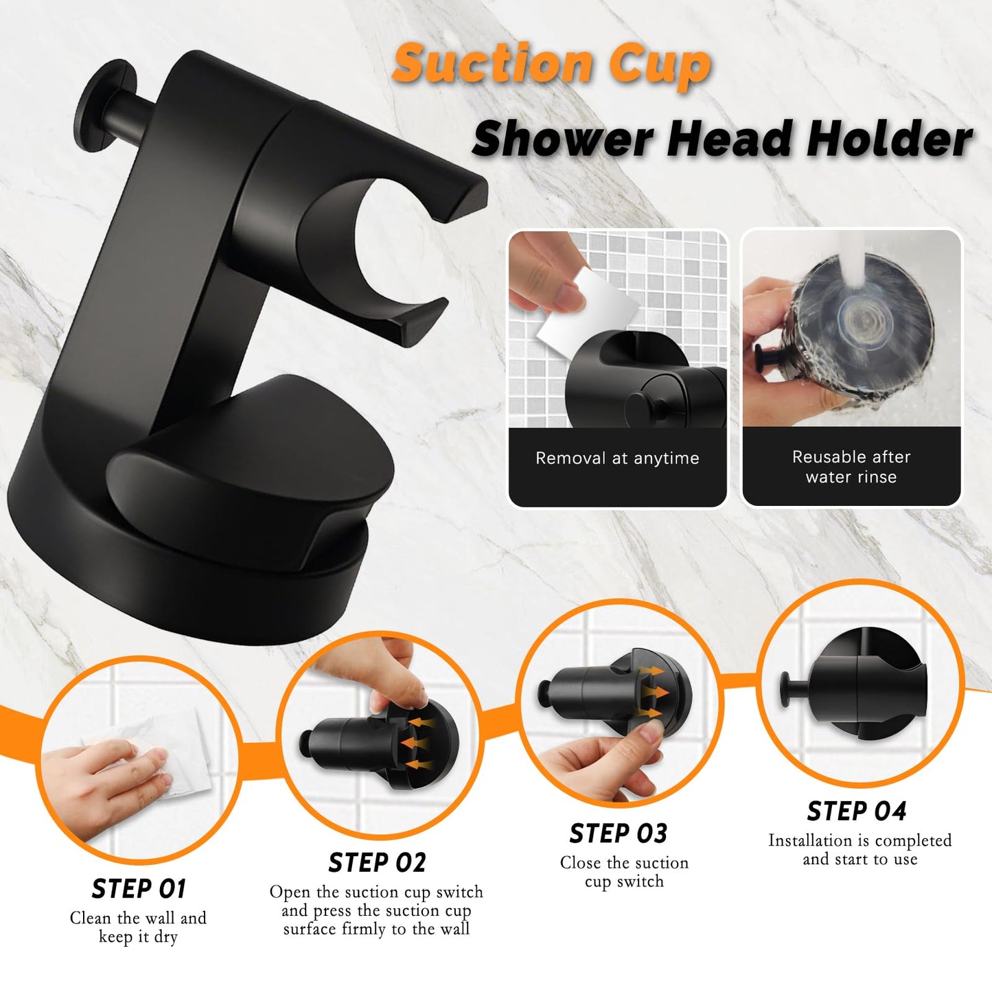 Shower Head Holder, Removable Suction Cup Shower Head Holder Wall Mount Adjustable Handheld Shower Head Bracket, Shower Heads Holder with Convenient Hook, Shower Wand & Hose Holder for Wall (Black)
