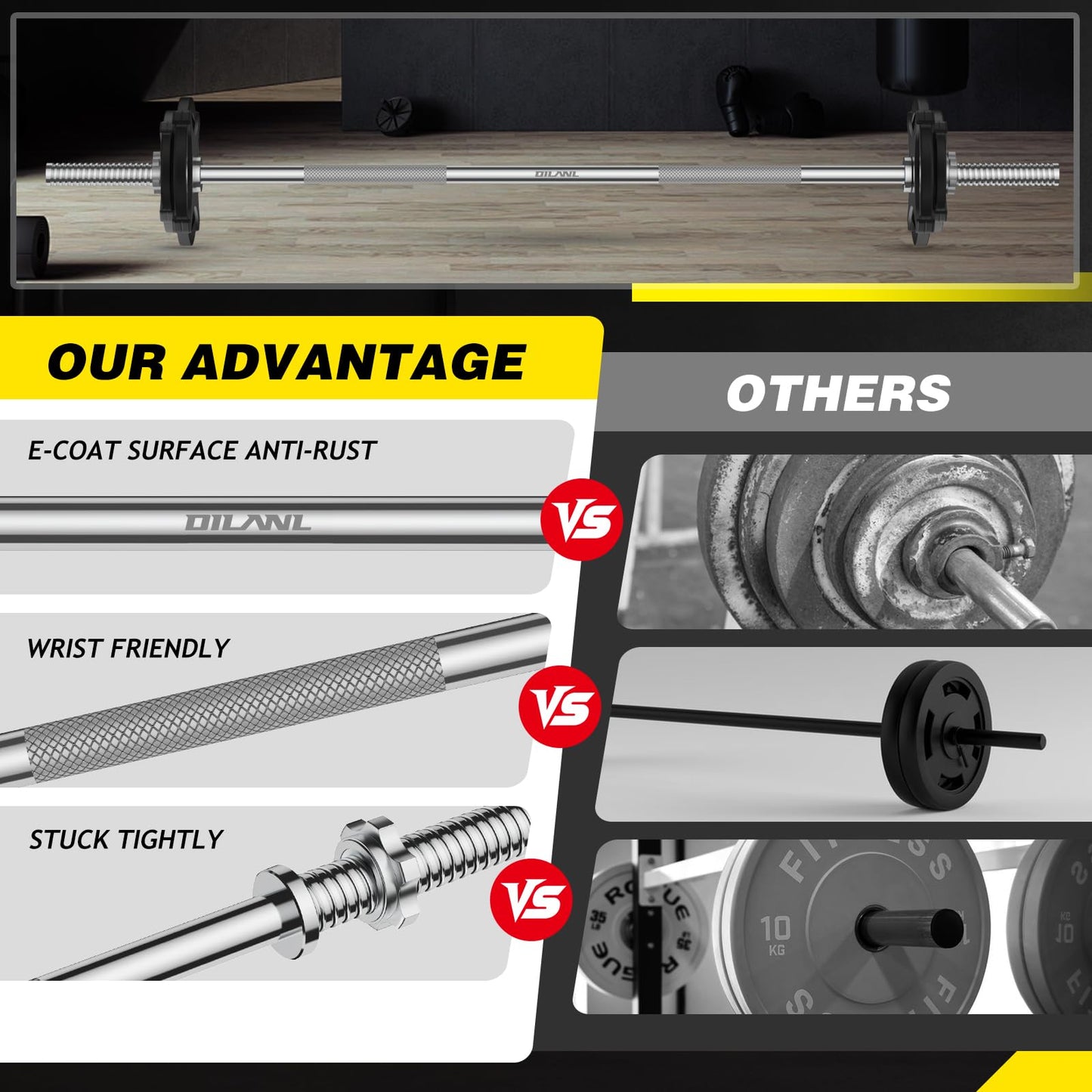 Weight Lifting Bar 57", 1" Standard Straight Barbell Bars Olympic for Home Gym Weight lifting/Strength Training/Squat/Bench Press/Deadlift/Lunges/Hip Thrusts, 2 Star Collars (480lb Weight Capacity) (Silver)