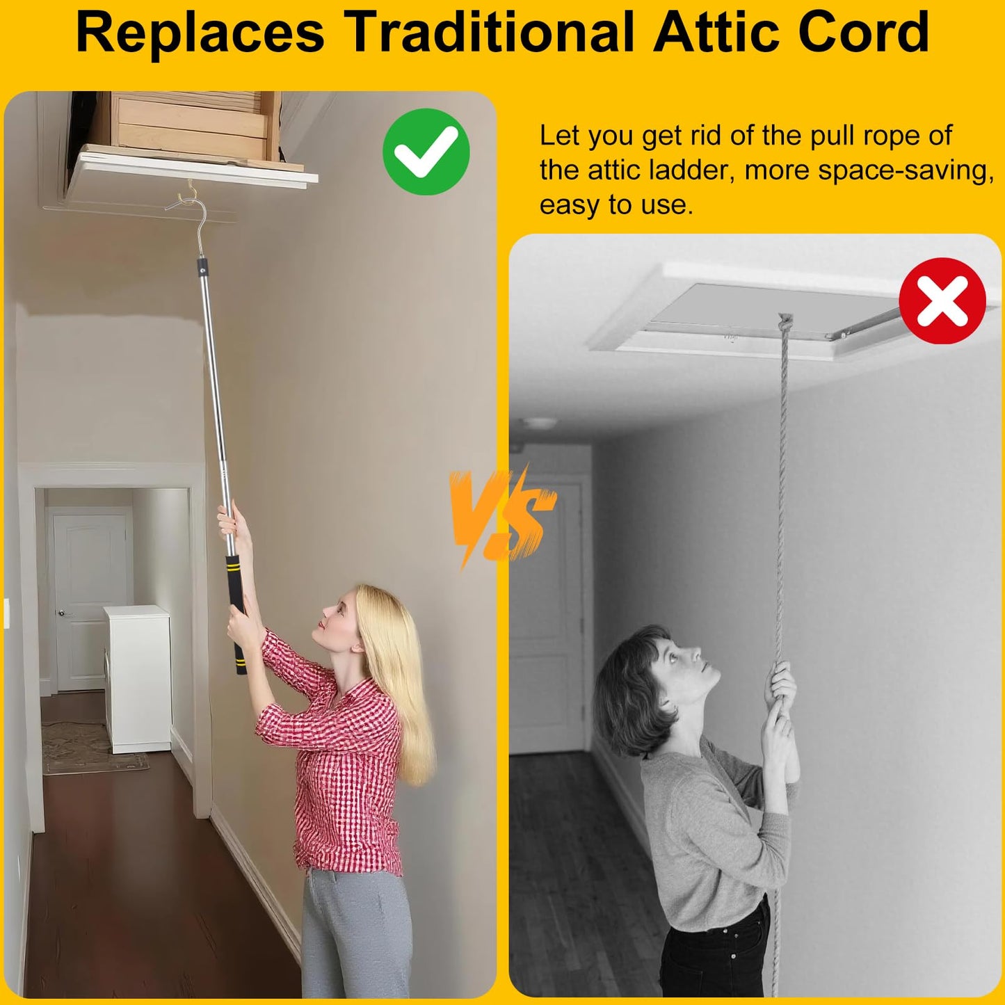 Gzlozak Attic Pull Down Hook, 36" to 64" Attic Ladder Pull Cord Heavy Duty Cord Replacement for Attic Door Awning Pull Rod Garage Doors Stainless Steel with Comfort Sponge Grip Silver