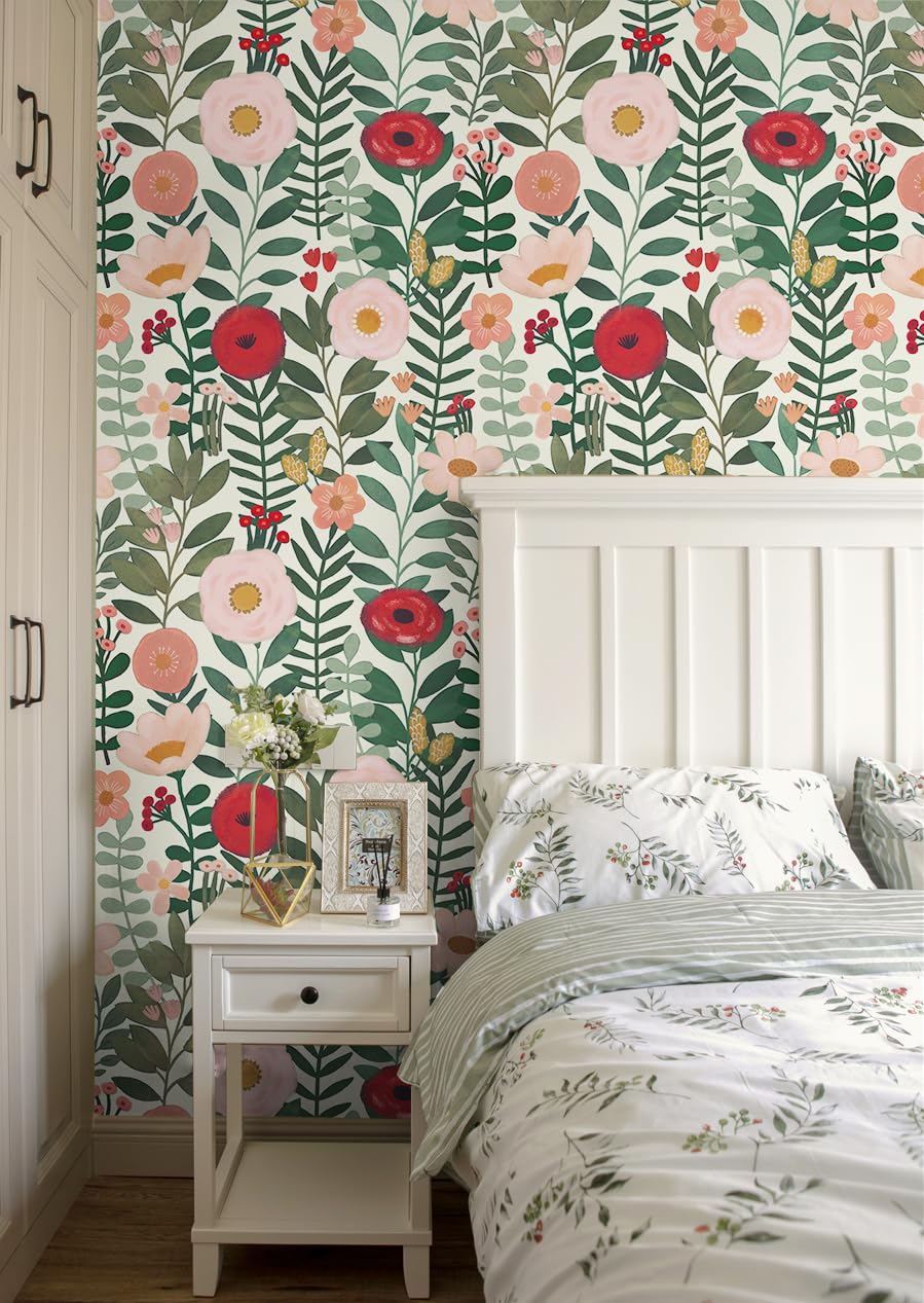 HAOKHOME Floral Peel and Stick Wallpaper Boho Wall Paper Removable for Bedroom Beige/Pink/Red Contact Paper 17.3in x 9.8ft