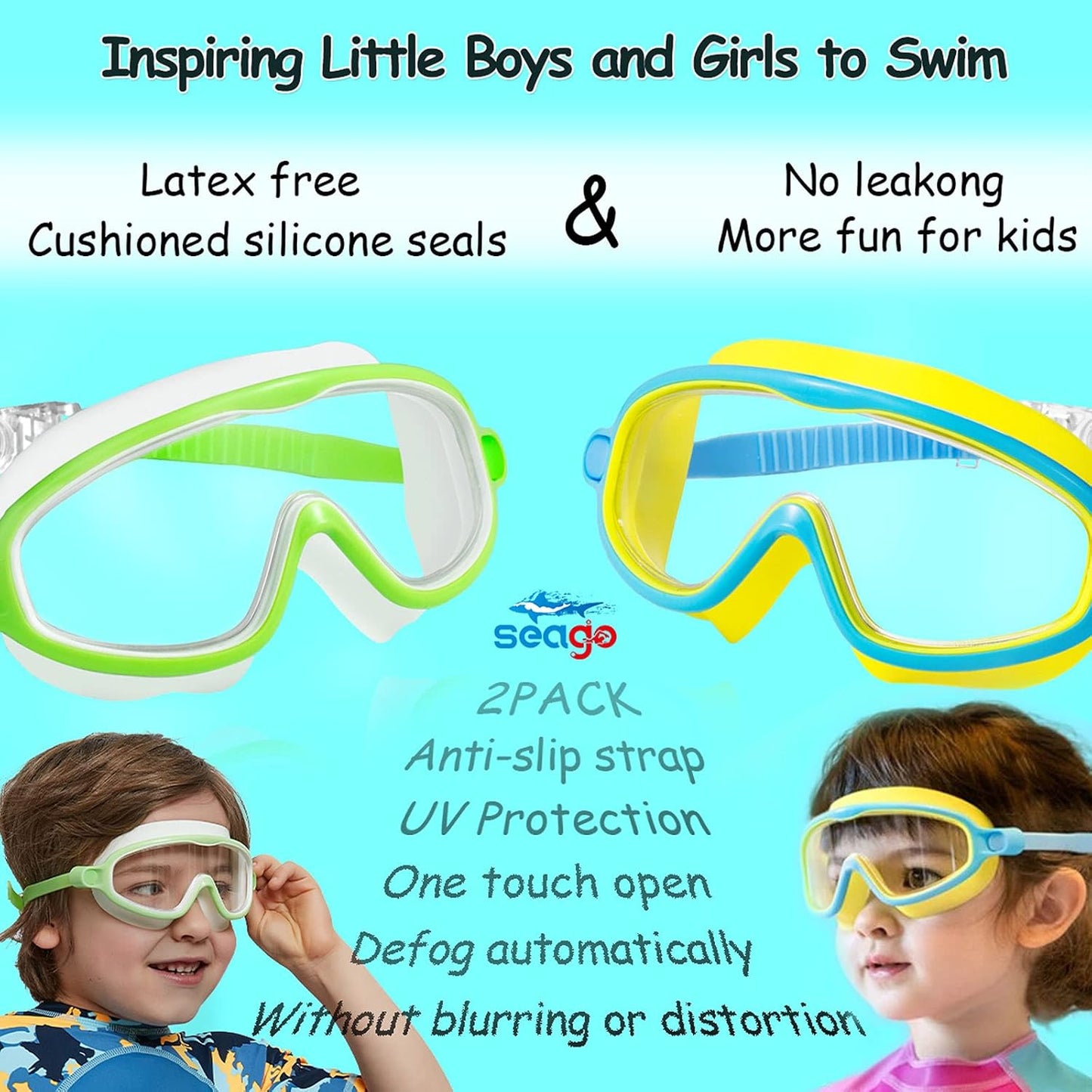 Seago Swim Goggles - Anti-Fog & UV Protection | Wide View Design for Kids Ages 3-15