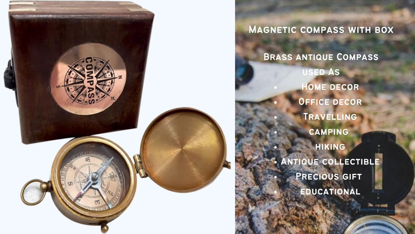 Antique Dollond London Brass Compass Retro Brown Wooden Box Nautical Magnetic Sailor Handmade Compasses