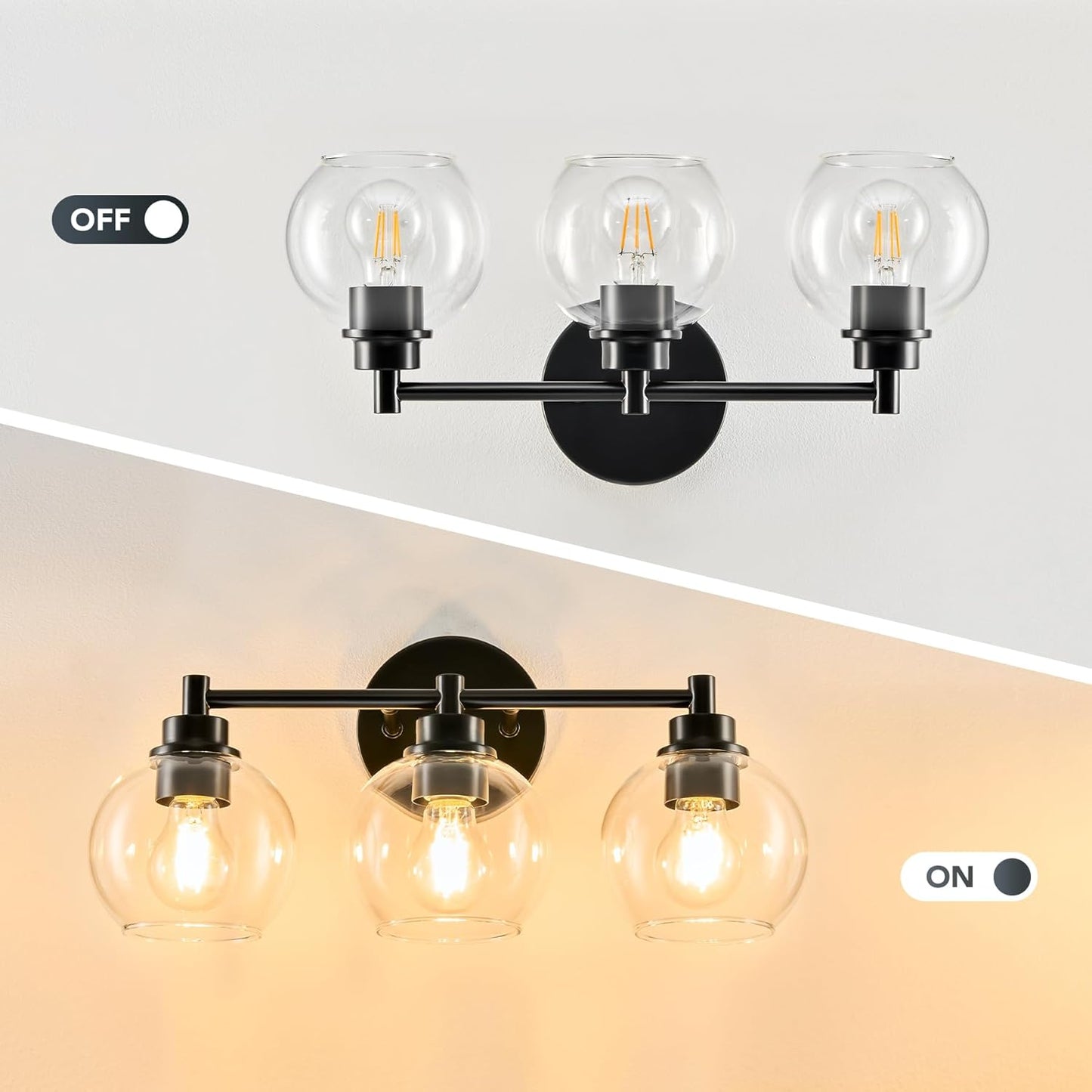 3-Light Vanity Bathroom Light Fixture with Globe Glass Shades - Brushed Nickel, ETL Certified