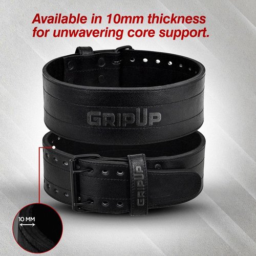 GripUp Powerlifting Belt 10mm Thick Genuine Leather 4” Heavy Weight lifting Gym Belt Back Support Strength Training Squats Workouts Fitness Bodybuilding Deadlifts Weightlifting Men Women (Black, L)