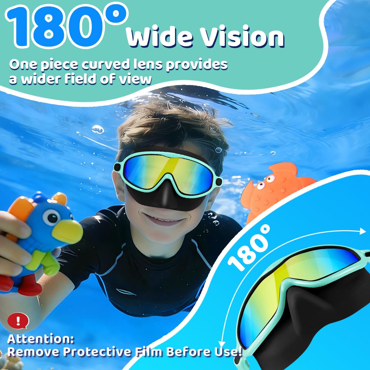 Vvinca Kids Swim Goggles with Nose Cover 2 Pack, Anti-Fog Waterproof Swimming Glasses for Boys Girls Age 12-15, Wide View Silicone Scuba Mask for Toddler Pool Beach Water Play