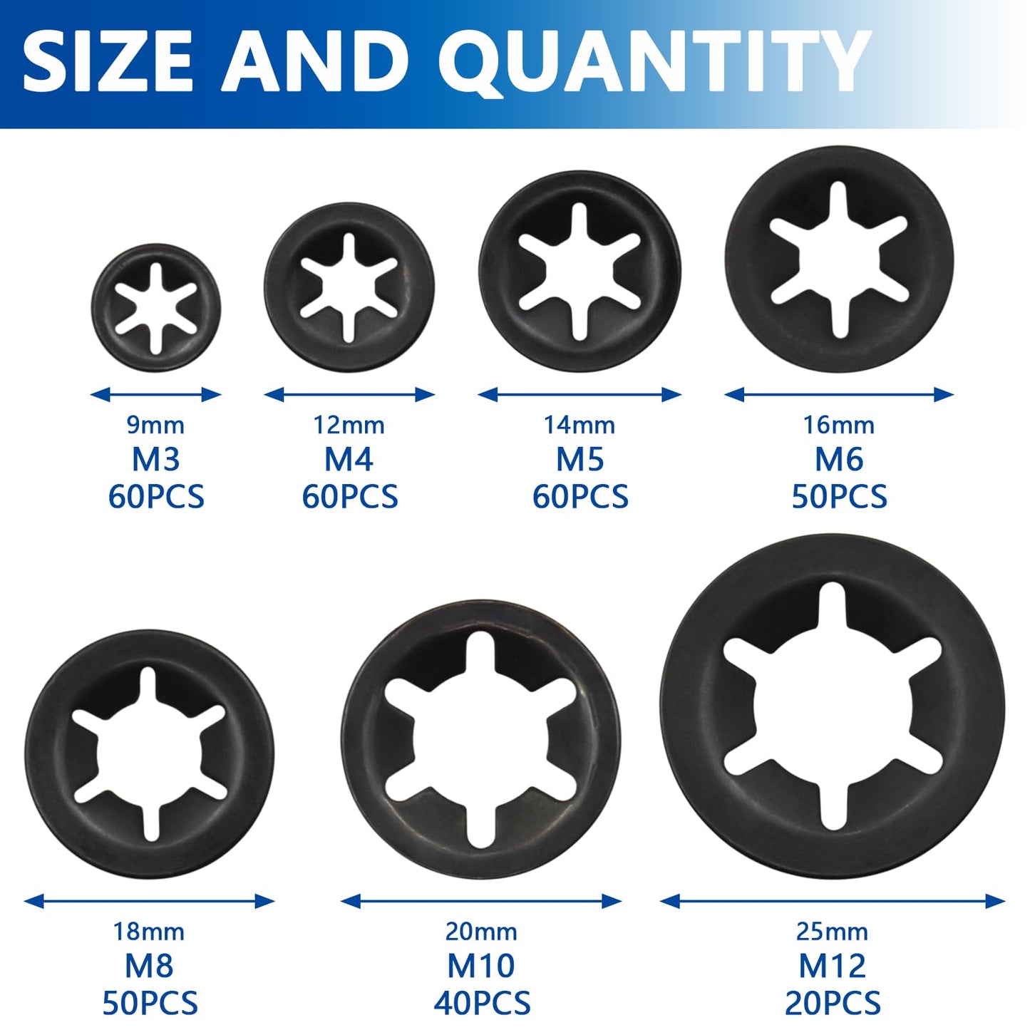 BDS-HOME 340 PCS 7sizes Internal Tooth Starlock Washers Assortment Kit, 65Mn Steel Fasteners Washers Black Oxide Finish Quick Speed Locking Washers