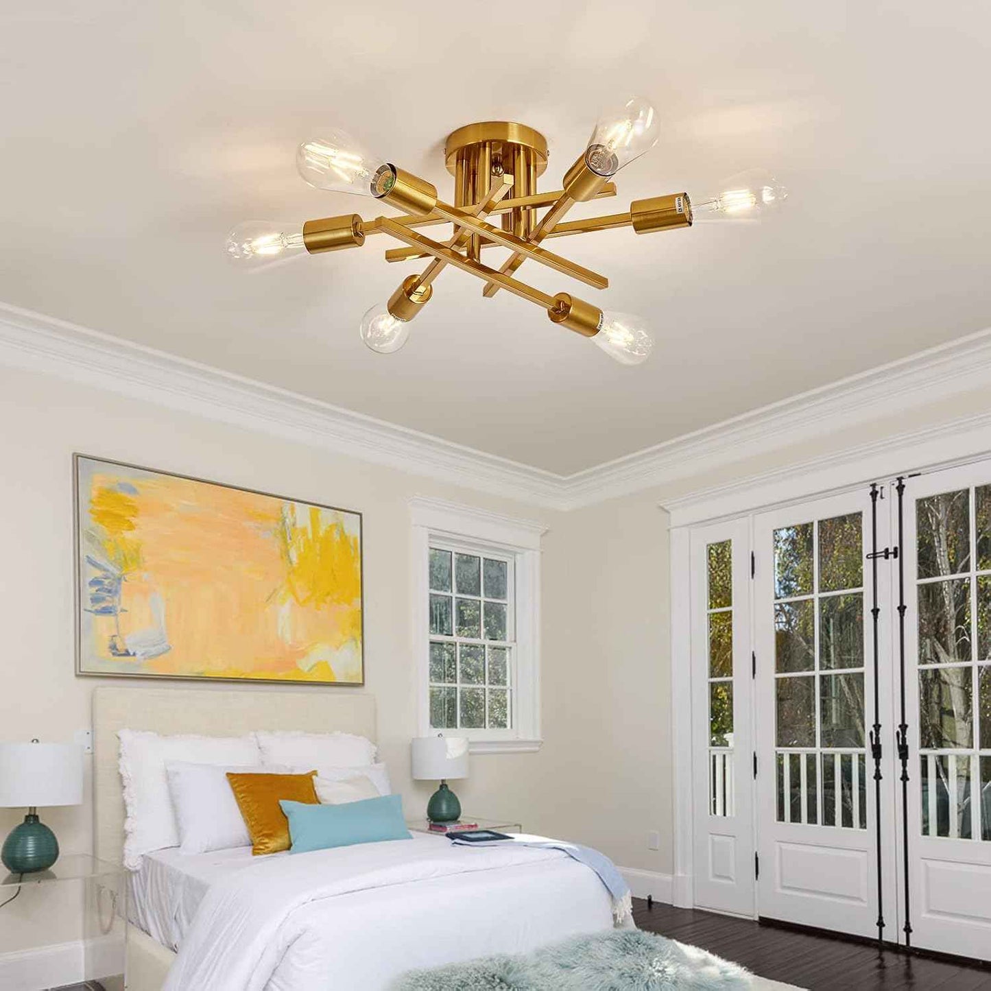 Gold Modern 6-Light Semi Flush Mount Ceiling Light Fixture - Vintage Sputnik Chandelier for Kitchen, Dining & Living Room