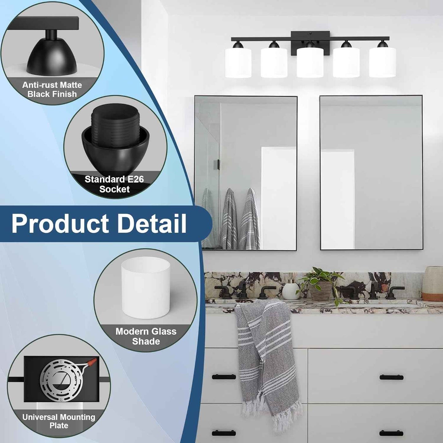 Modern 4-Light Bathroom Vanity Light Fixture - Anti-Rust Over Mirror Sconce with Milky White Glass Shades, E26 Base