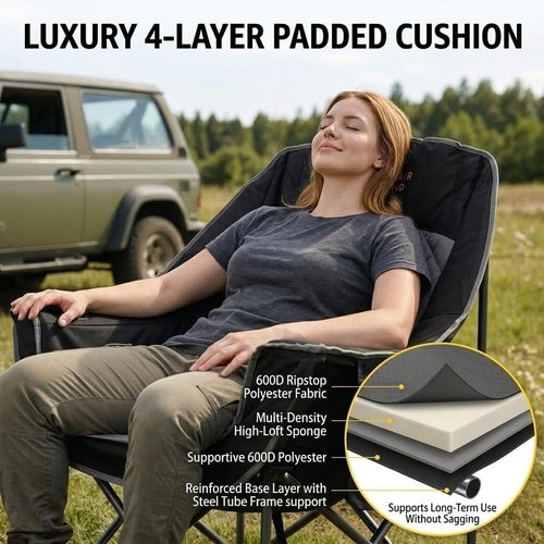 Fair Wind Oversized Padded Camping Chair - Heavy Duty Quad Fold Arm Chair, Supports 500LBS, Black - 2 Pack