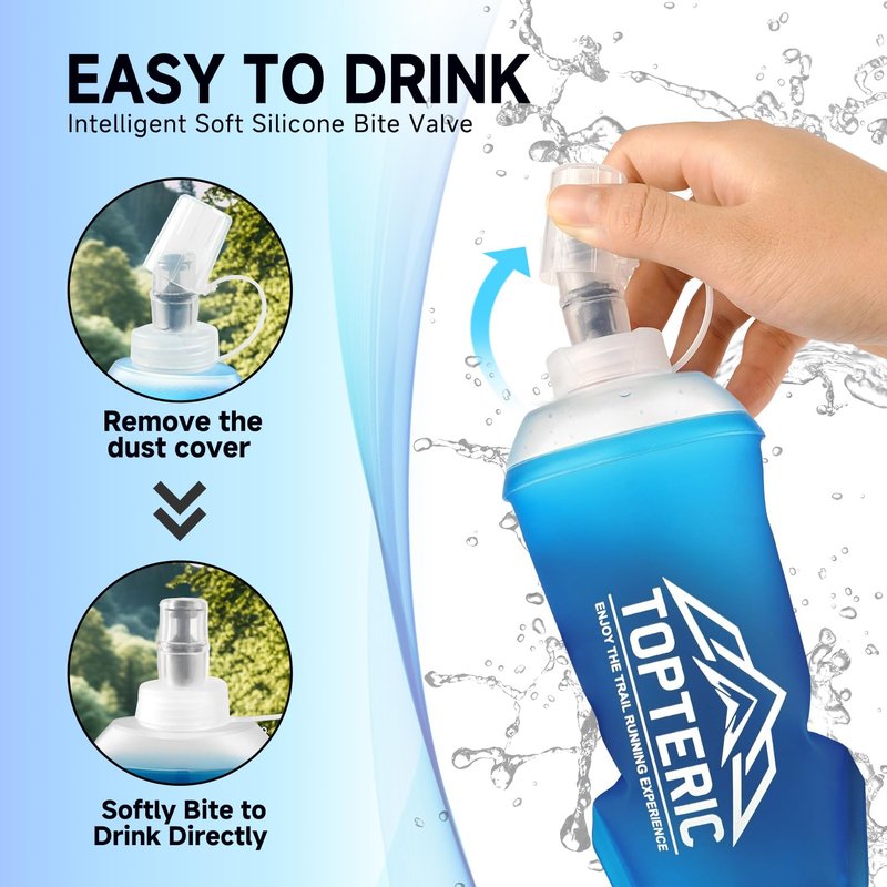 TOPTERIC Collapsible Soft Flask Water Bottle, TPU Soft Folding Flexible Water Bottles for Hydration Pack/Running Vest, BPA/PVC Free, Ideal for Running Hiking Cycling Climbing (150ml-2 Pack)