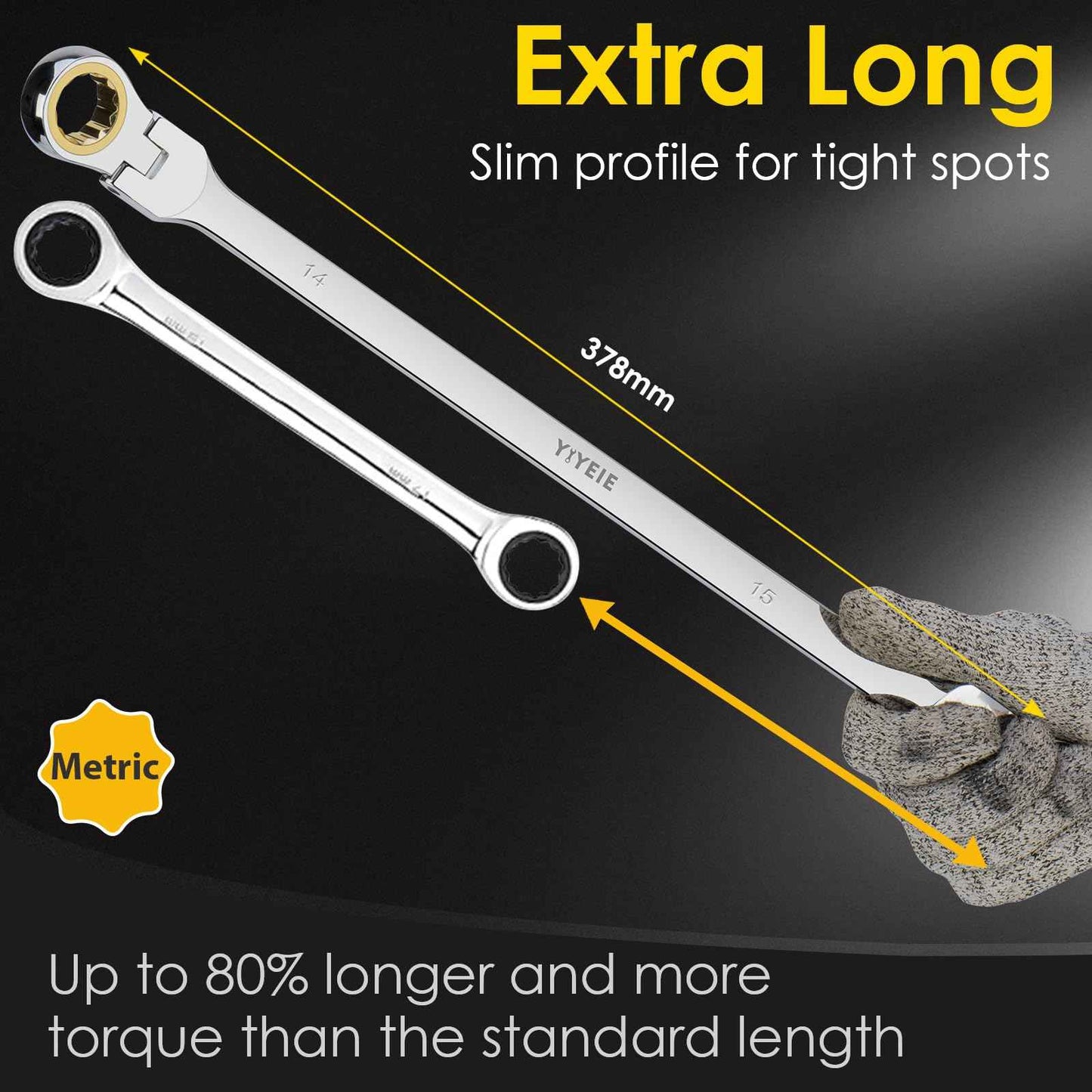 YIYEIE 14 * 15 mm Extra Long Flex-Head Ratcheting Wrench, Metric, 72-Tooth Double Box End Long Handle Ratchet Wrench, CR-V Steel with Mirror Finish Labor-Saving Spanner