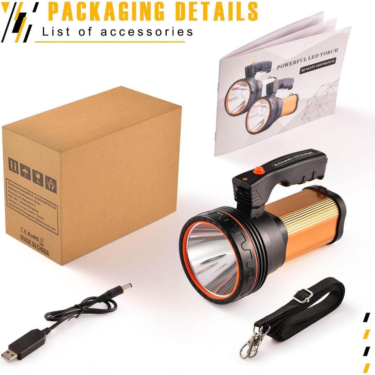 CSNDICE 100000LM High Lumens Rechargeable Spotlight Flashlight - 1600FT+ Long Beam Flashlight, IPX5 Waterproof Searchlight, 20H Standby, USB Power Bank, Shoulder Strap for Camping, Hiking, Emergency