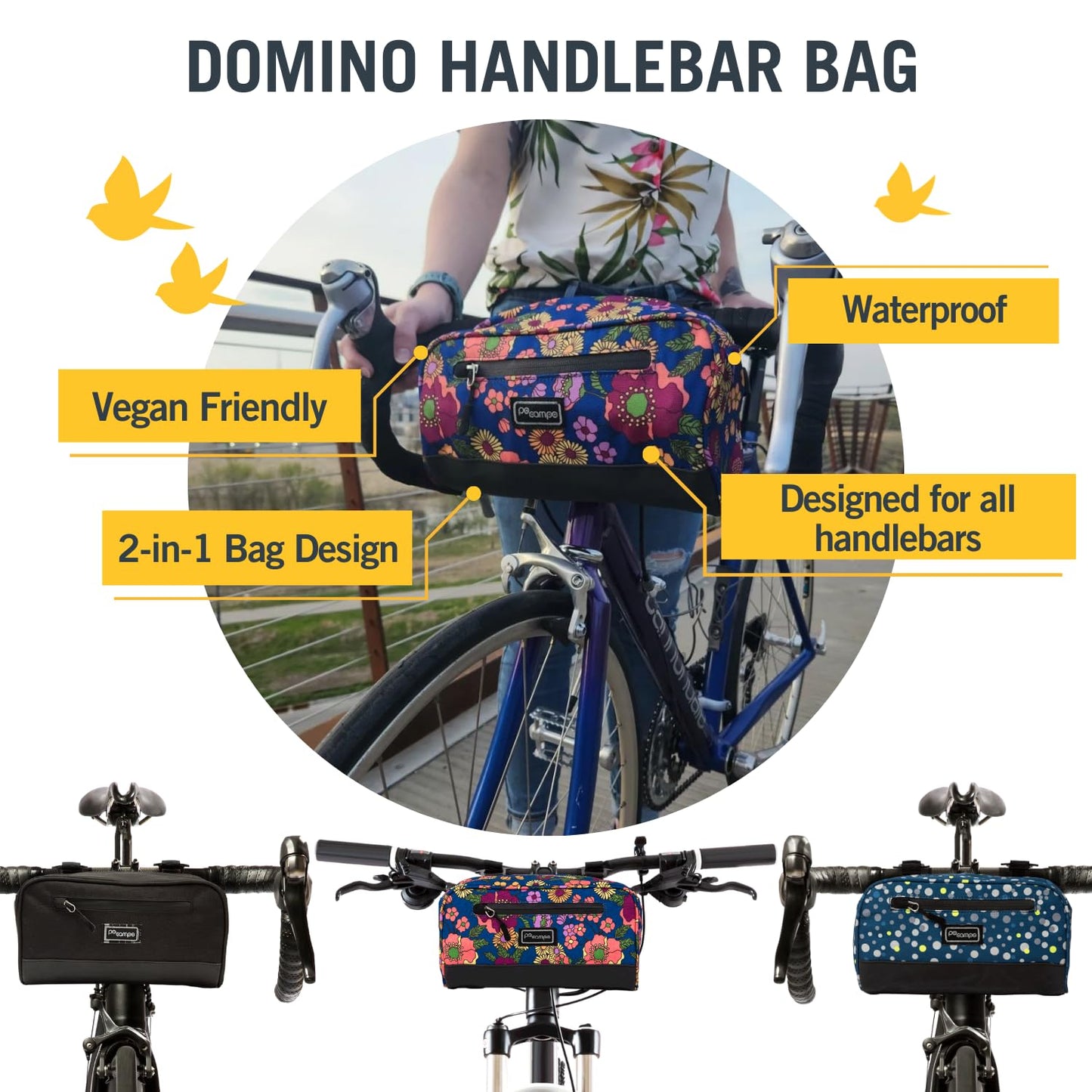 Po Campo Domino Handlebar Bag - Large, Waterproof Bicycle Storage Baskets for Front Mount - Lightweight Bike Bags That Convert To Crossbody (Meadow)