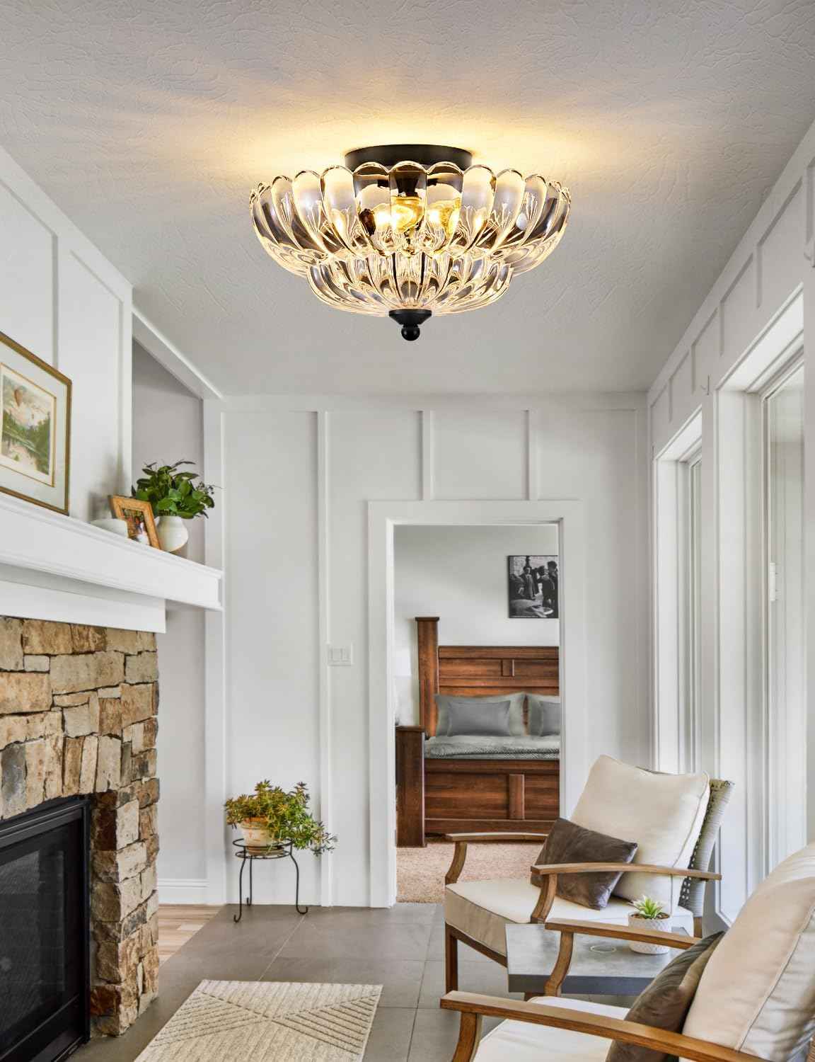 Modern 3-Bulb Semi Flush Mount Ceiling Light Fixture - Vintage Amber Glass for Bedroom, Kitchen, Living Room