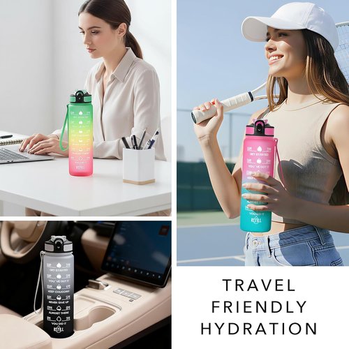Hyeta 32 oz Motivational Water Bottle - Time Marker & Straw | Leakproof Fitness Hydration