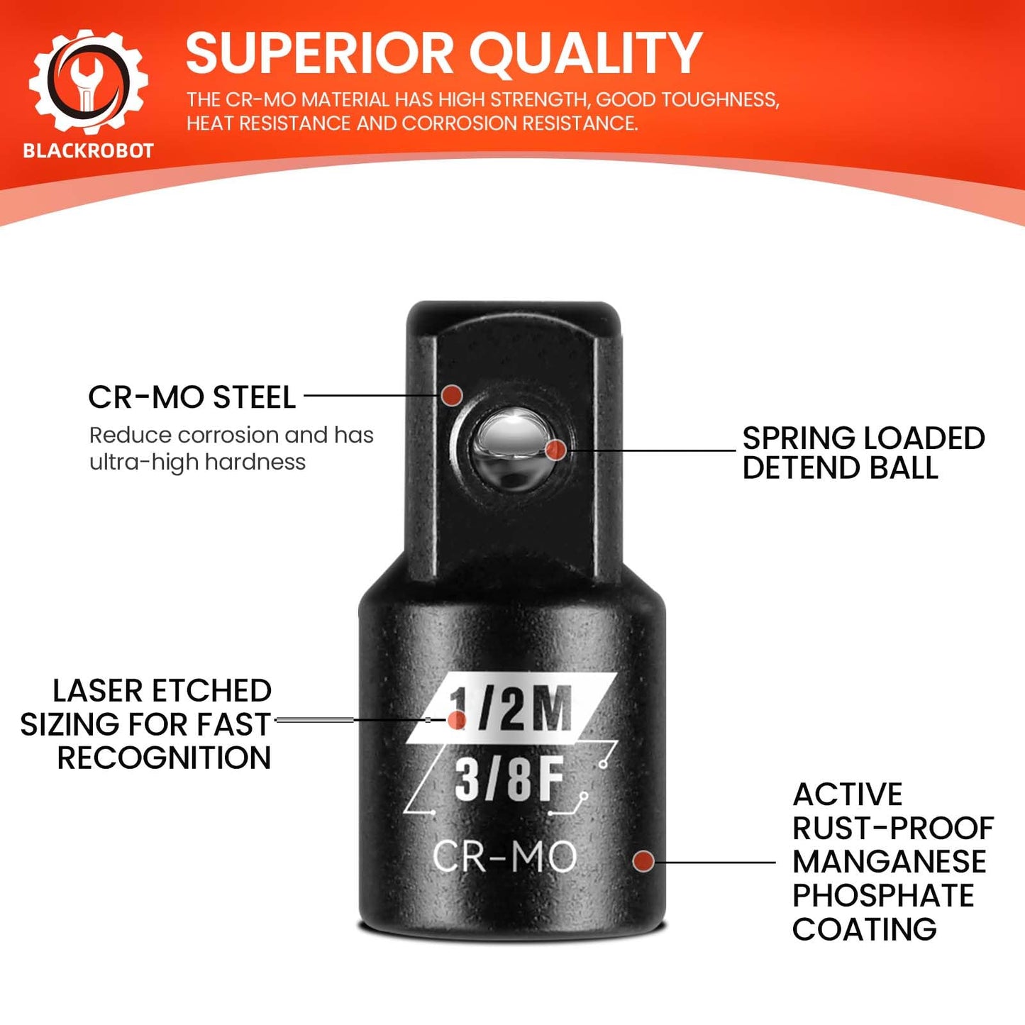 BLACKROBOT 2PCS Impact Socket Adapter and Reducer Set, 3/8" to 1/2" & 1/2" to 3/8" Socket Adapter Set, SAE Drive Cr-Mo Steel Exceeds ANSI Standards, Square Drive Adapter for Impact Driver Wrench