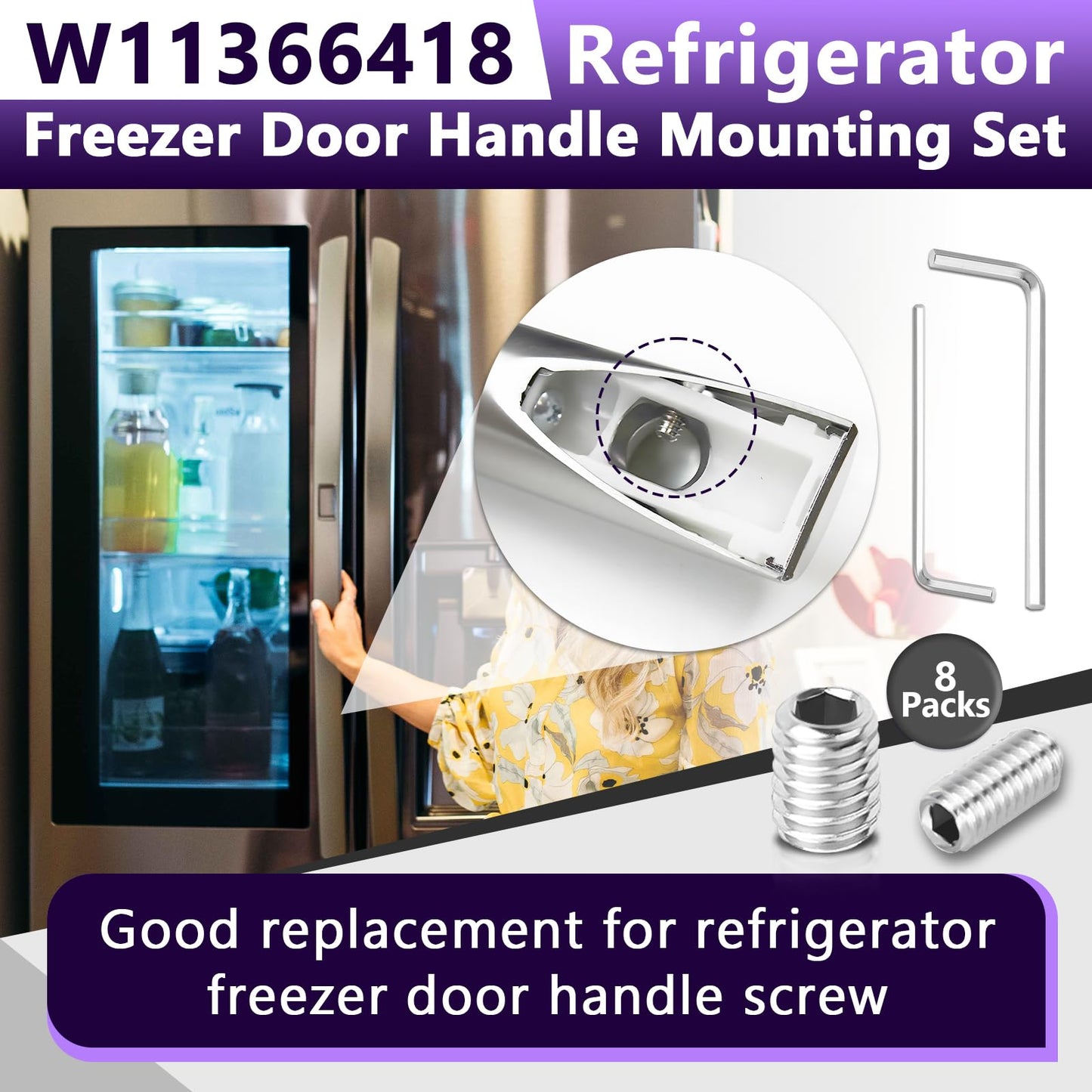 8 Packs W11366418 Refrigerator Freezer Door Handle Mounting Set Screw, Stainless Steel for Whirlpool Handle Screw, Screws for Refrigerator Door AM 1-5-1 - EA221008/EA230910 -Includes Mounting Wrench