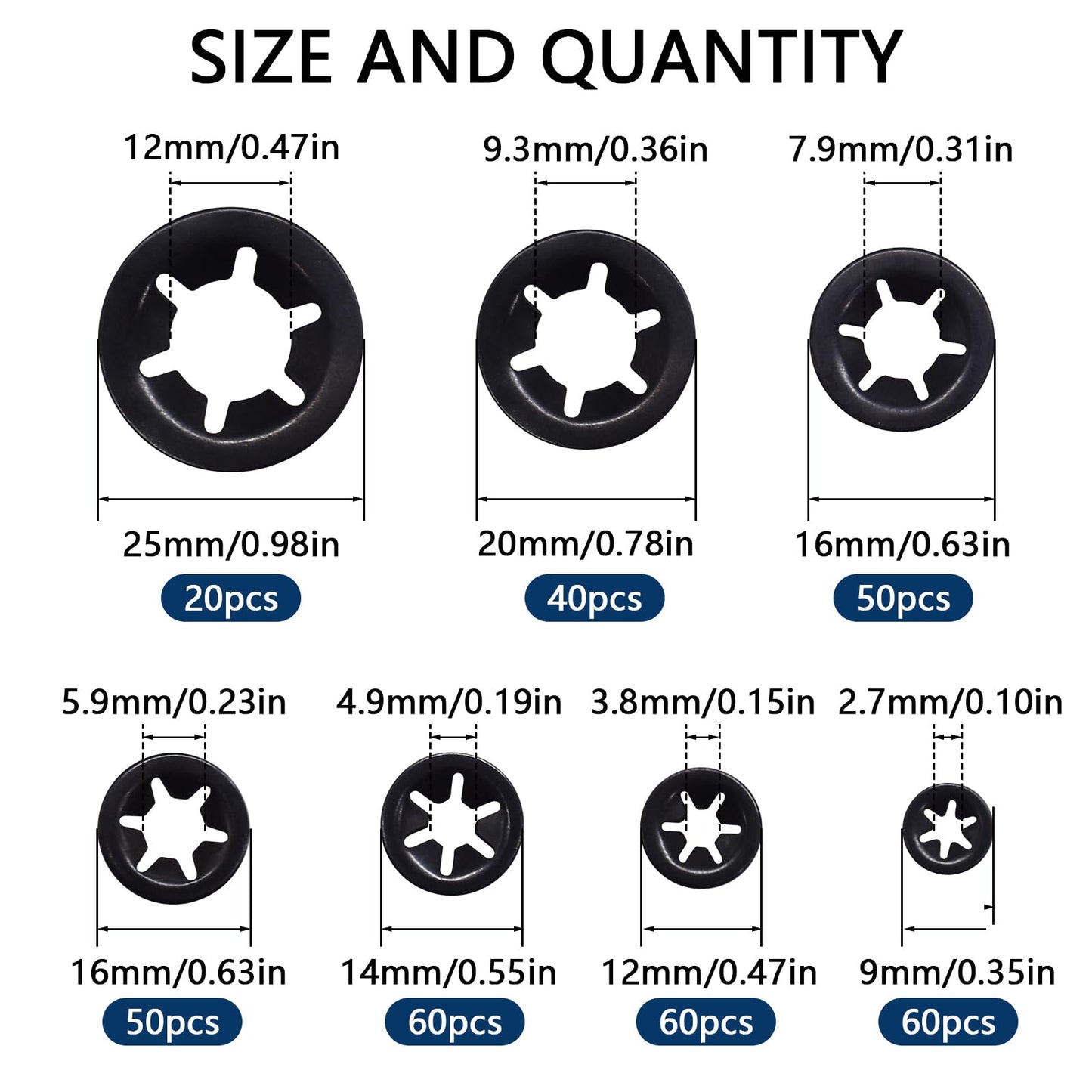 Renashed 340Pcs Internal Tooth Star Lock Washers, M3-M12 Quick Speed Locking Washers Assortment Kit 65Mn Steel Black Oxide Finish Push on Locking Washer, 7 Size