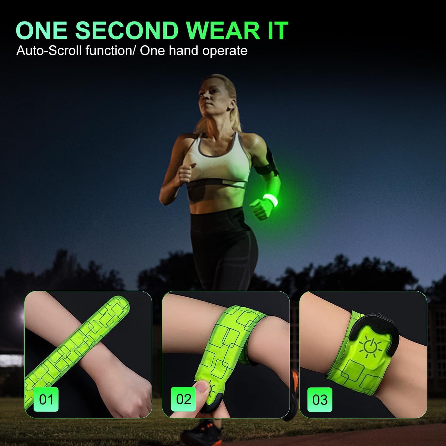 YHGSEE LED Armbands for Running, 2 Pack USB Rechargeable Reflective LED Night Saftey Bracelet Flashing LED Sports Wristband, 4 Modes Light Up Band for Cycling/Jogging/Walking/Camping (Green)