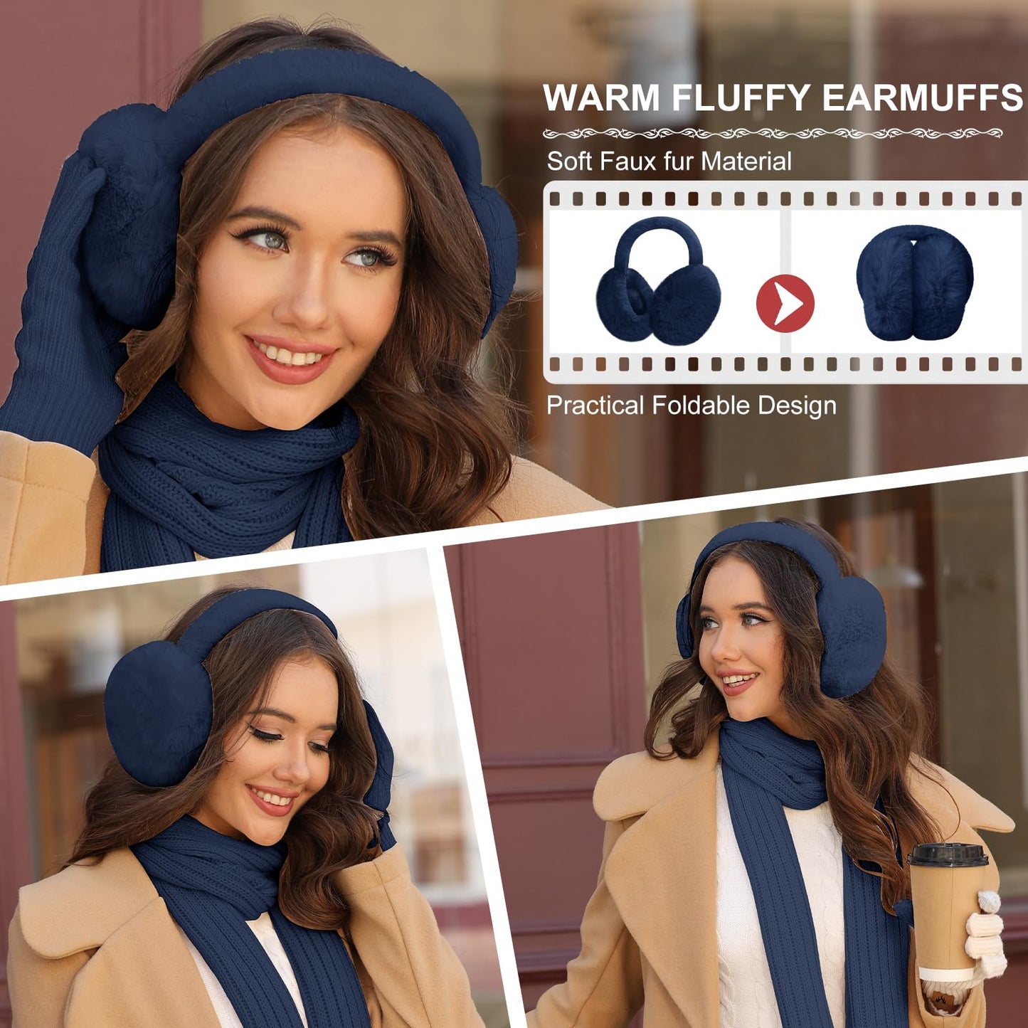 HEEKPEK Winter Beanie Hats Scarf Gloves Ear Muffs Fuzzy Socks 5pcs Set for Women Cold Weather Beanies Touch Screen Gloves (Navy Blue)