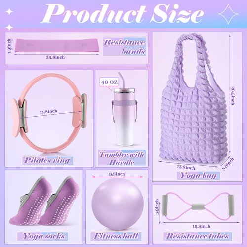 Poen 7 Pcs Pilates Essentials Kit for Women Home Workout Pilates Equipment Ring and Ball Set with 11.81 Inch Circle 9.84 Inch Yoga Ball Resistance Bands Cup Bag Socks for Beginners(Purple)