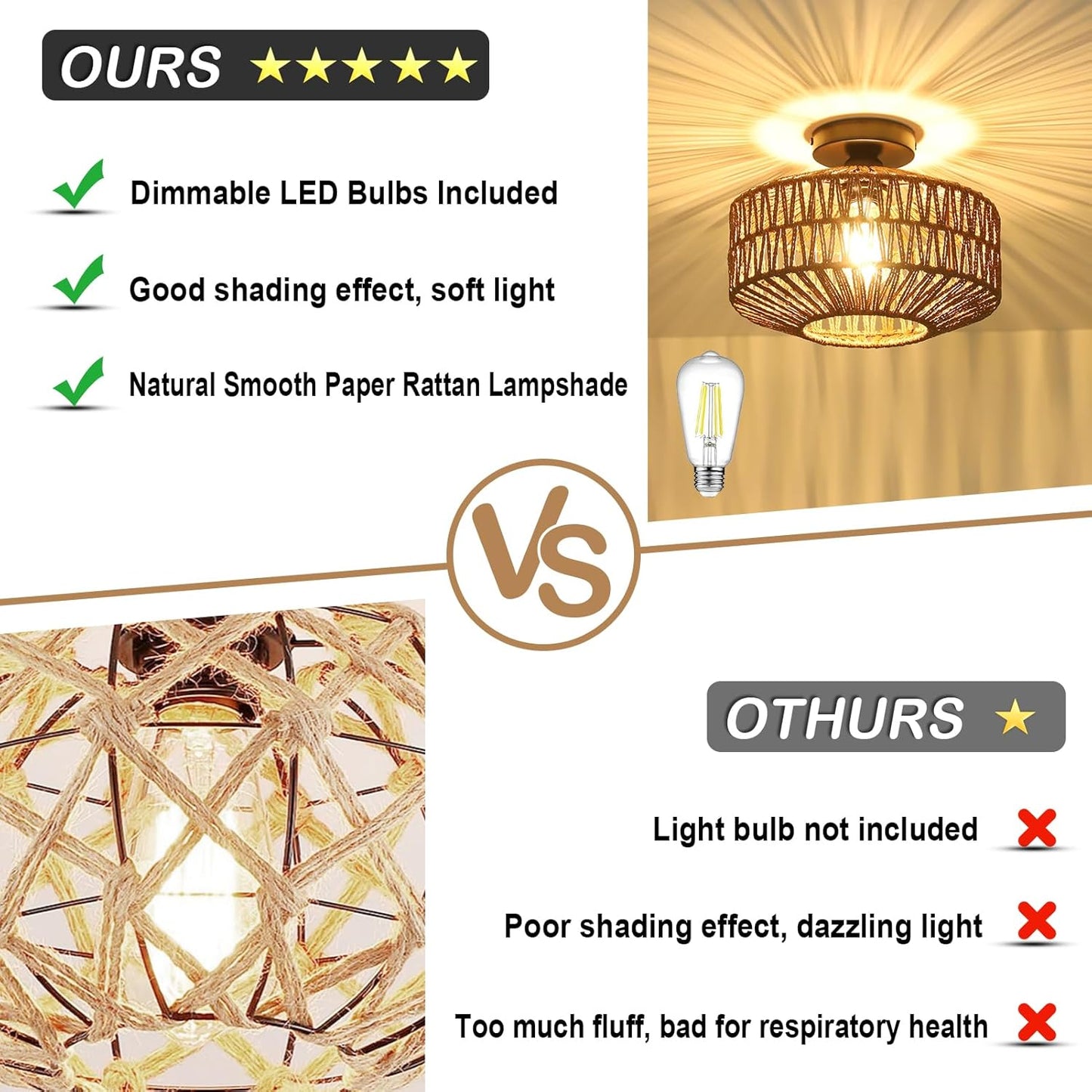 Boho Rattan Chandelier Ceiling Light Fixture with Dimmable LED Bulb - Hand Woven Flush Mount for Hallway, Bedroom, Kitchen & Living Room