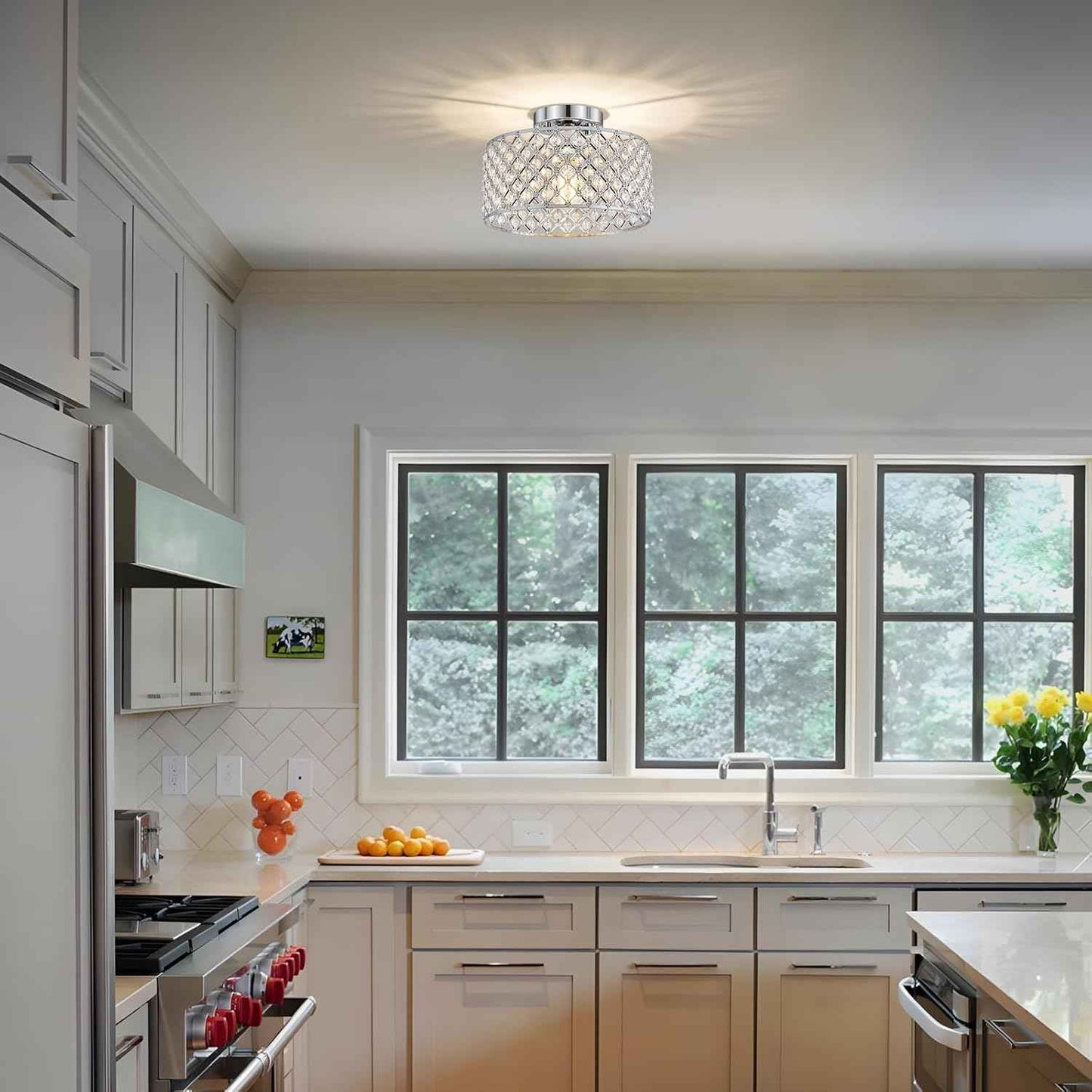 Modern Black Crystal Semi Flush Mount Ceiling Light Fixture - 11.2" Round Chandelier for Dining Room, Hallway, Kitchen & Bedroom