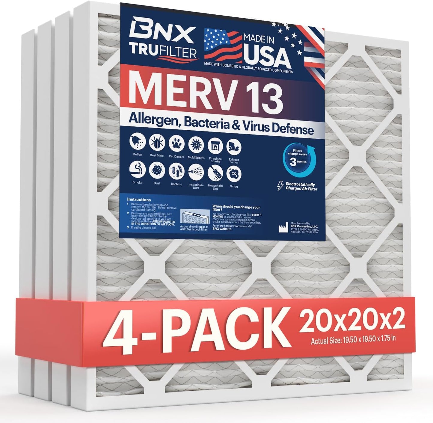 BNX TruFilter 12x12x1 MERV 8 Air Filters (6-Pack) - USA-Made Dust & Pet Defense for HVAC