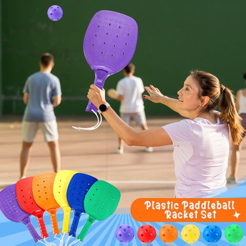 Lunmon Plastic Paddleball Racket with Balls PE Equipment for Elementary School 15.2 x 7.5 Inches Paddle Ball Racket with Lanyard Physical Education Classes Equipment 6 Colors(6 Pcs)