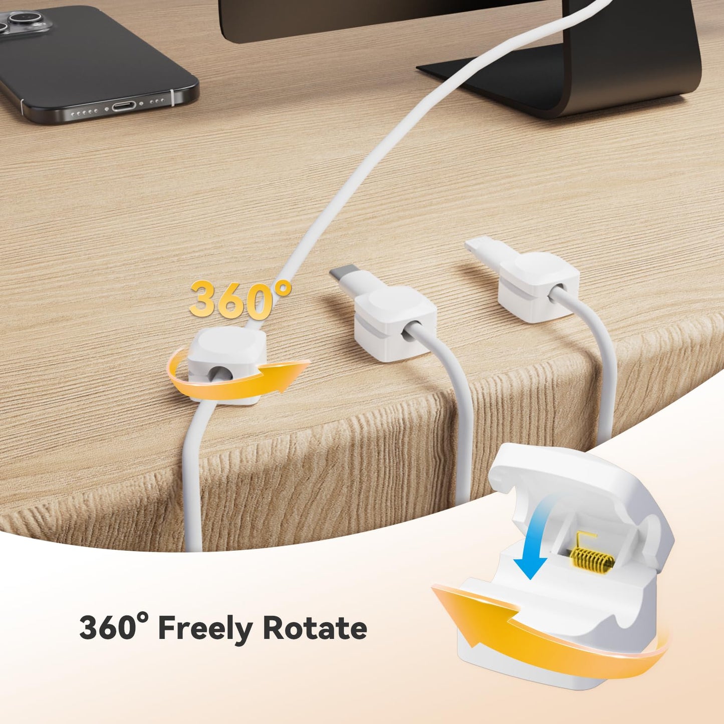 Rotatable Cord Organizer, Enhanced Spring Cable Clips, Strong Adhesive Cable Management, Desk Cord Holder for Nightstand, Office Accessories and Car (8*White)