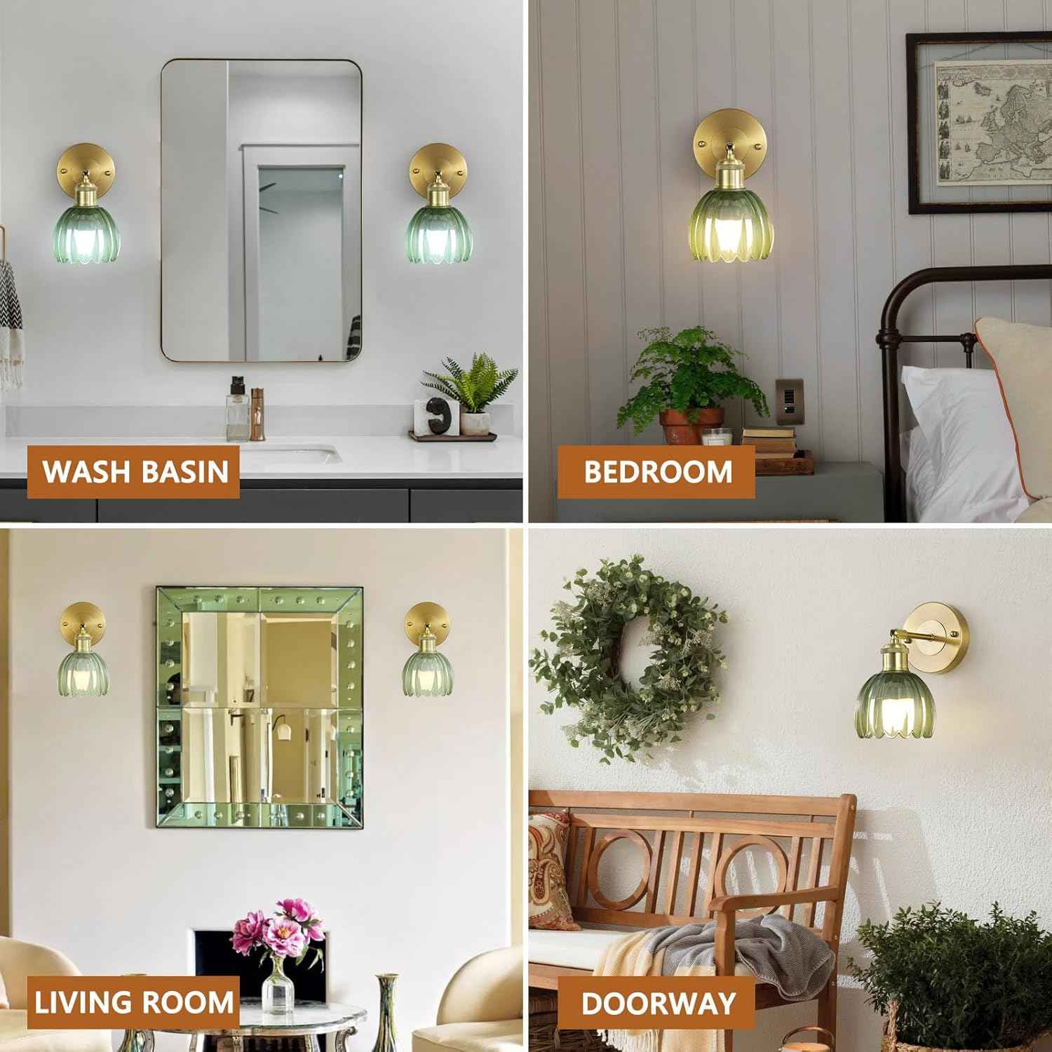 Rechargeable Vintage Wireless Wall Sconces - Gold LED Tulip Glass Lamps with Remote Dimming for Bedroom & Living Room