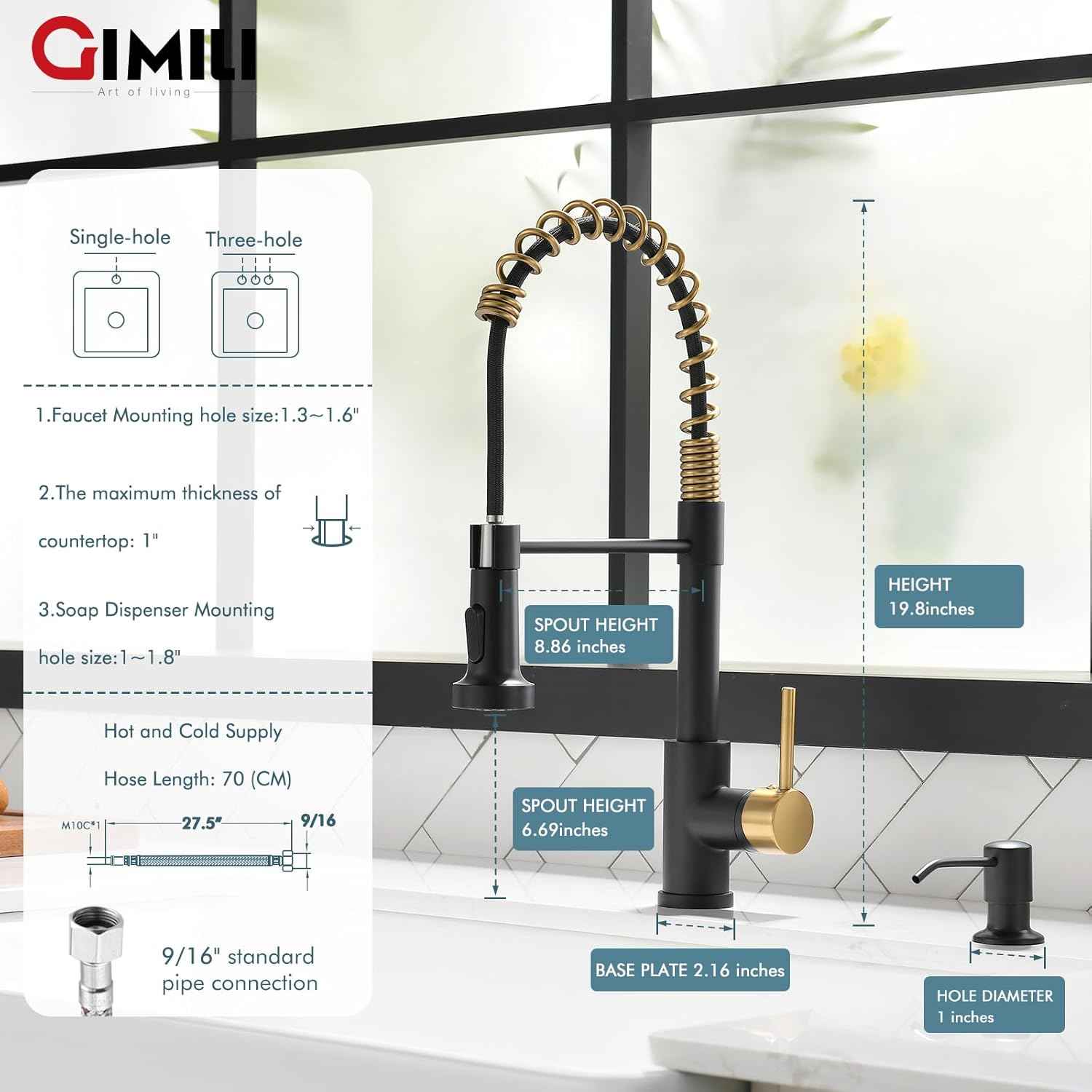 Matte Black Kitchen Faucet with Soap Dispenser - Commercial Single Handle Pull Down Sprayer