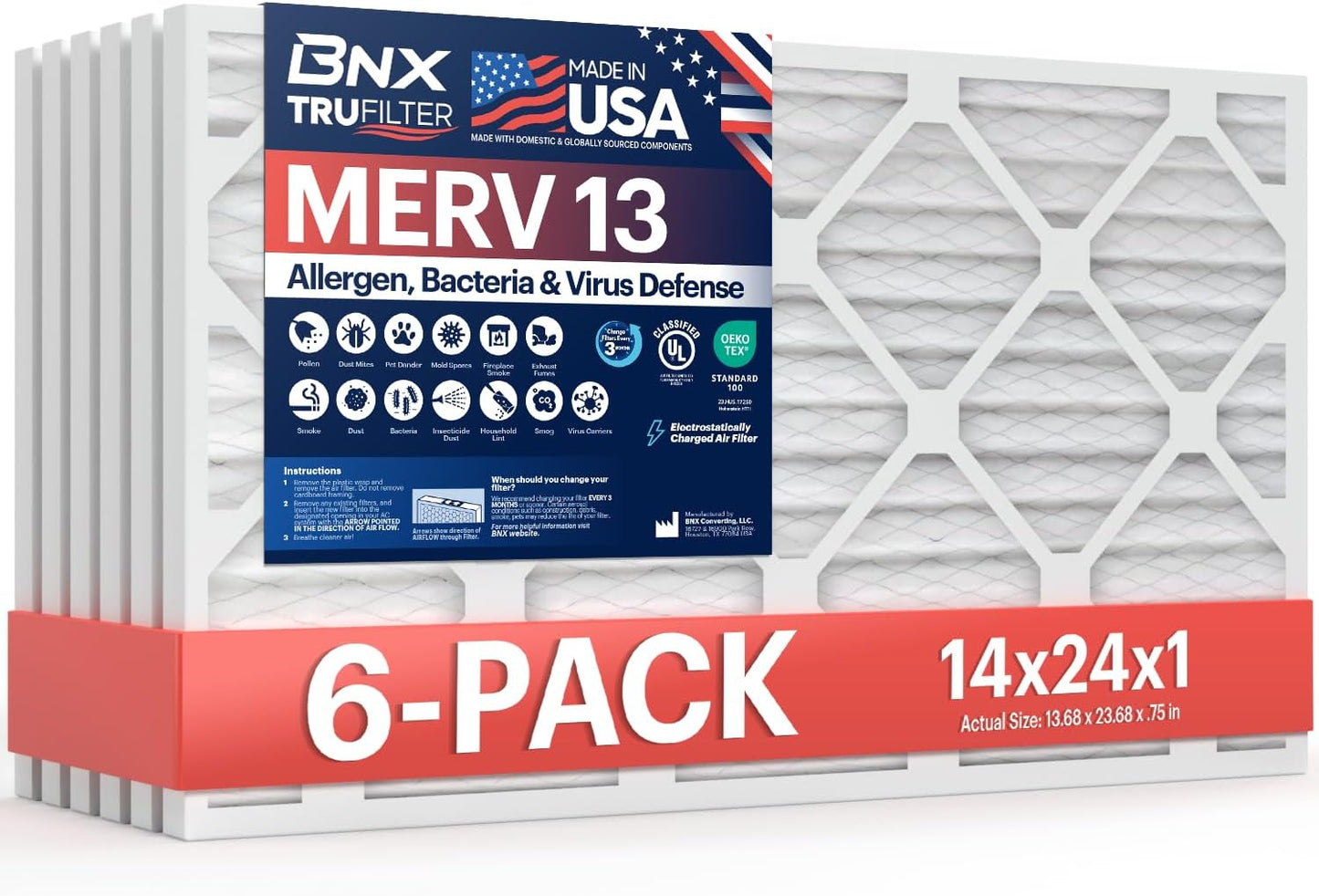 BNX TruFilter 12x12x1 MERV 8 Air Filters (6-Pack) - USA-Made Dust & Pet Defense for HVAC