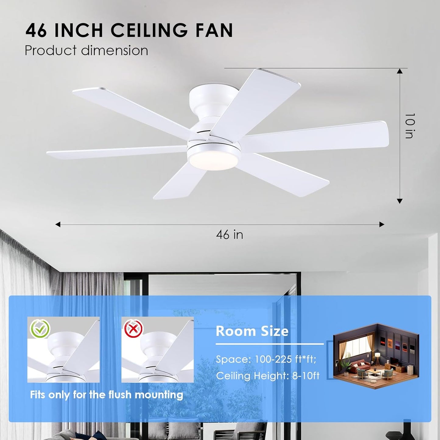 46” Black Low Profile Ceiling Fan with Lights & Remote Control - Dimmable, Noiseless, Reversible for Bedroom