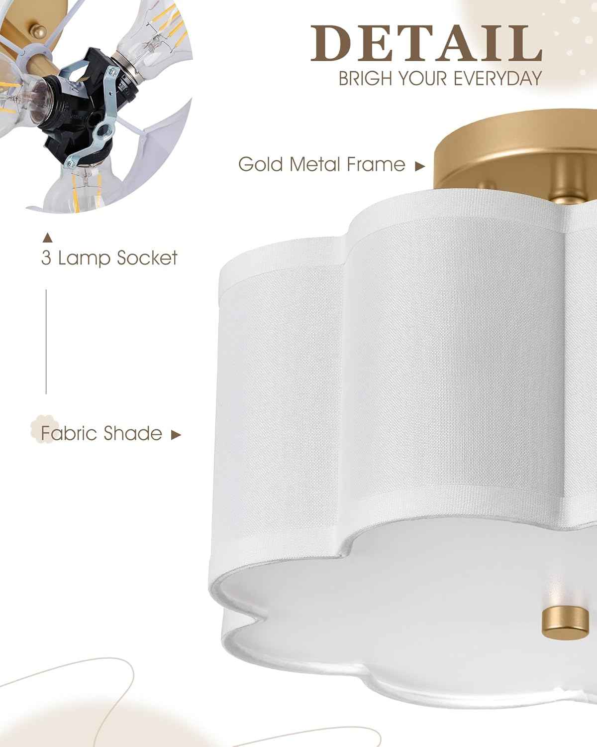 Gold 3-Light Semi Flush Mount Ceiling Light with Fabric Flower Shade - Farmhouse Brass Drum Fixture for Nursery, Hallway, Bedroom - Model AD-22007-3SF-GD