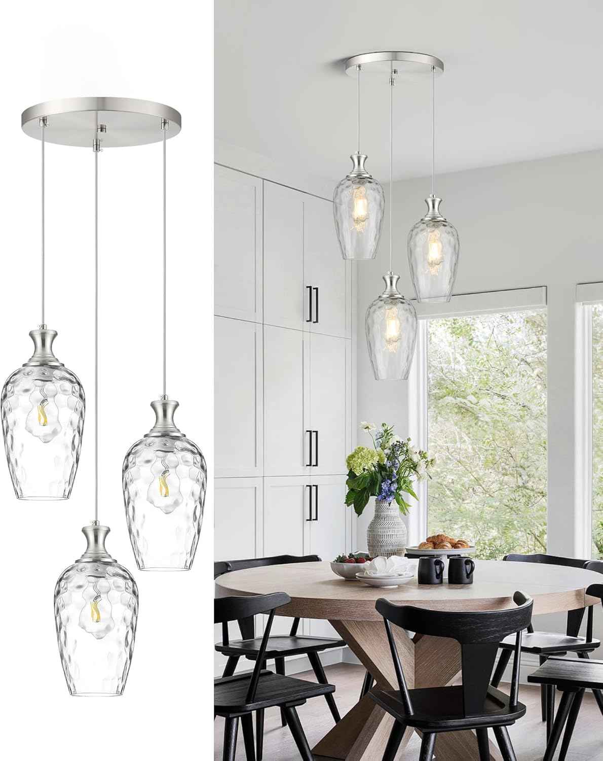 Brushed Nickel Glass Pendant Light Fixture - Modern 1-Light Hanging Lamp for Kitchen Island & Dining Room