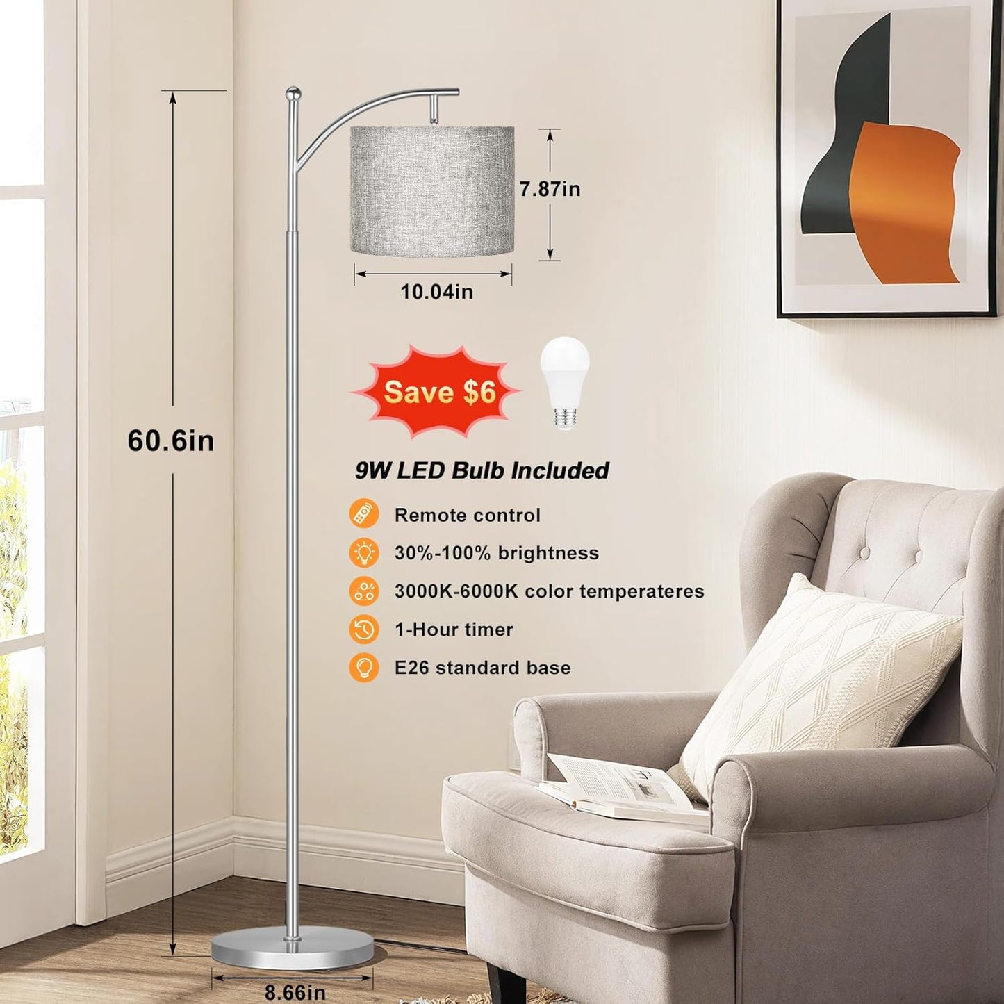 Modern 60" Floor Lamp with Remote Control & Dimmable LED Bulb - Beige Shade, Adjustable Brightness for Living Room