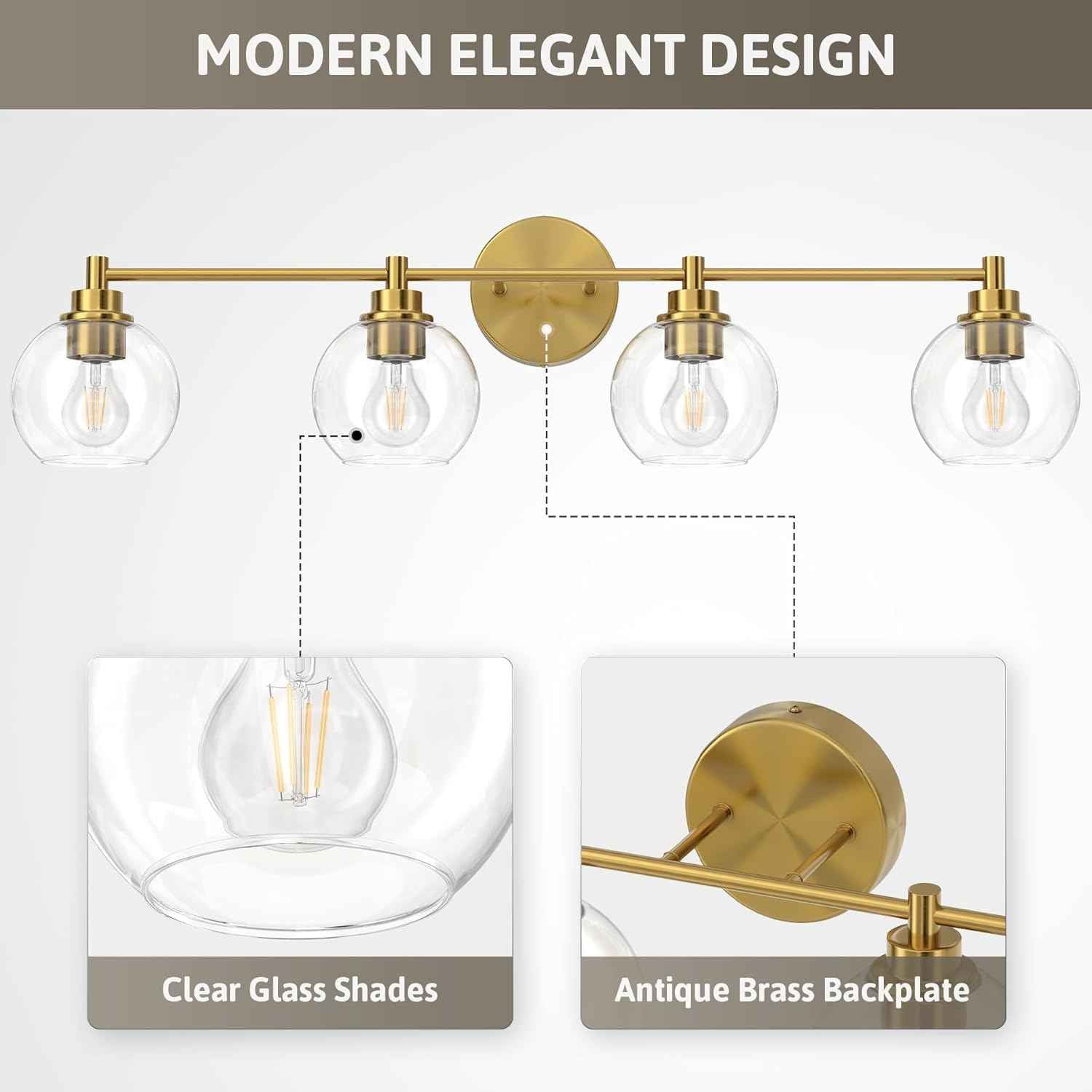 3-Light Vanity Bathroom Light Fixture with Globe Glass Shades - Brushed Nickel, ETL Certified