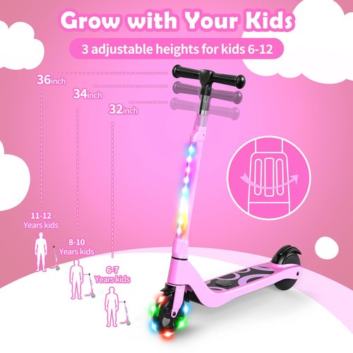 SISIGAD Electric Scooter for Kids Ages 6-12, LED Light-Up Deck, Kids Scooters with 3 Adjustment Levels Handlebar to 36 Inches High,5.3" Wheel Kick Scooter